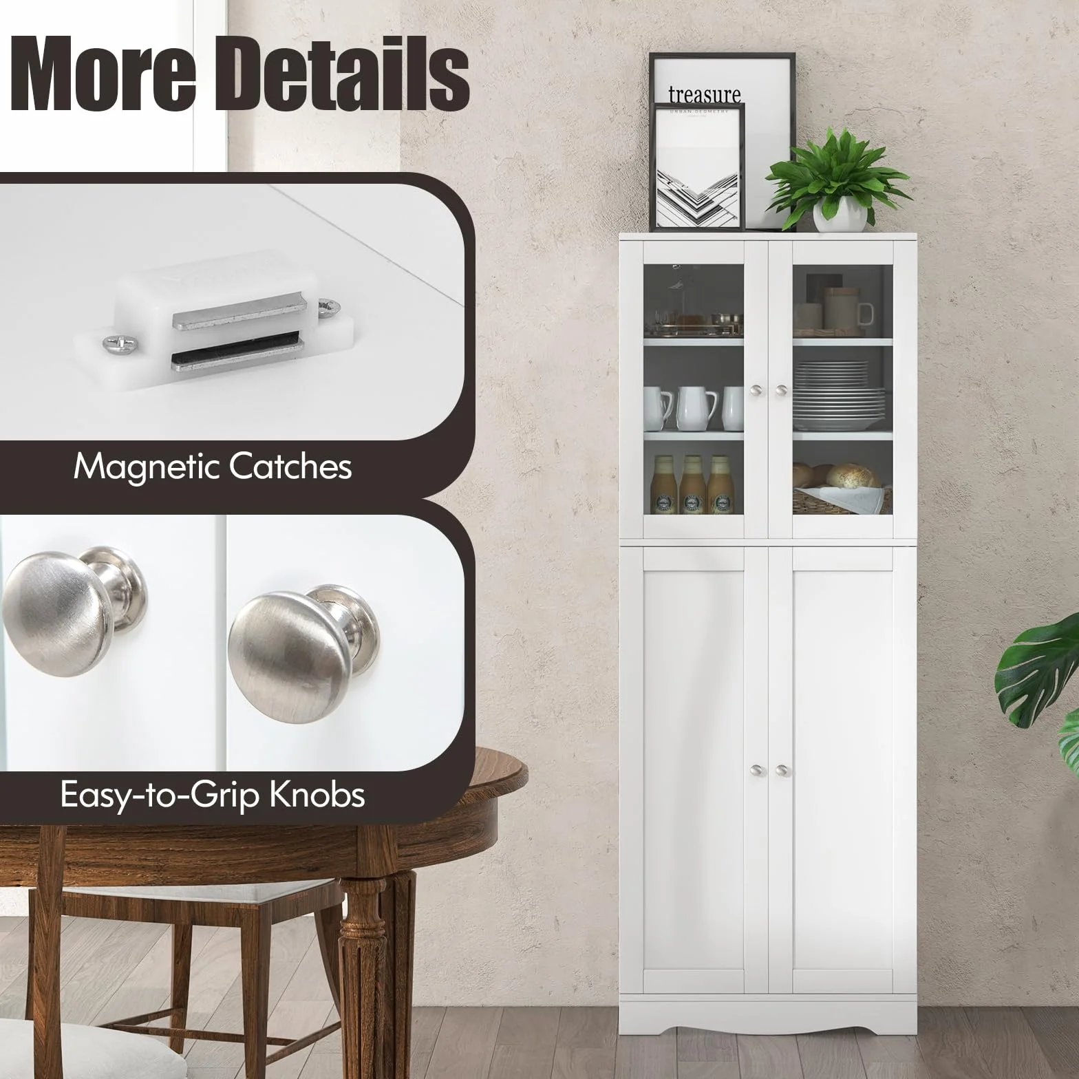 KOMFOTTEU Credenza da Cucina con Anta Multi-Stoccaggio, Mobile Cucina Dispensa con Dispositivo Antiribaltamento, Armadio di Stoccaggio, 60 x 31,5 x 161,5 cm, per Soggiorno, Sala da Pranzo (Bianco)