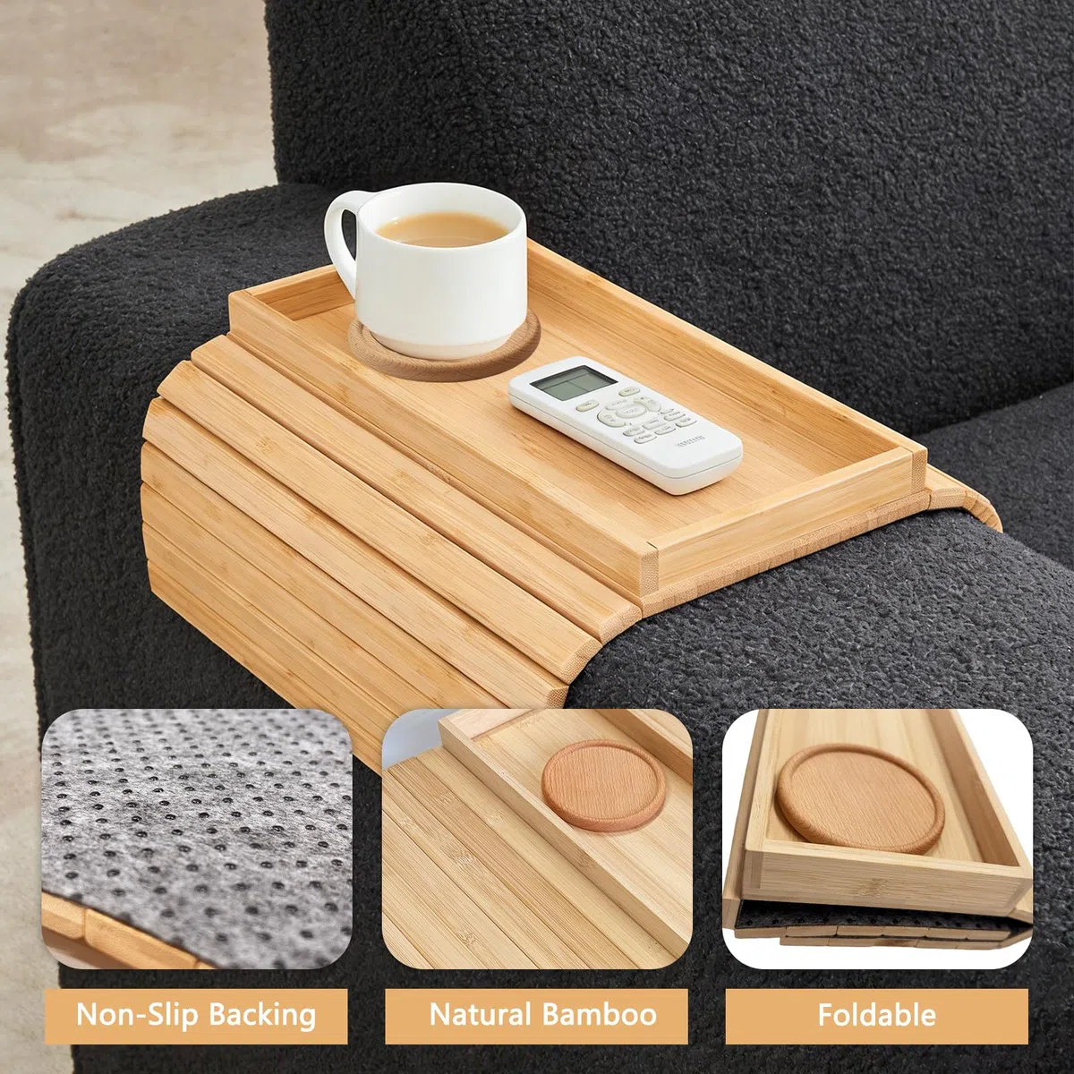 Vassoio per bracciolo in legno massiccio, tavolino salvaspazio per snack e bevande, scanalature antiscivolo, include 1 sottobicchiere in legno, organizer per bracciolo del divano