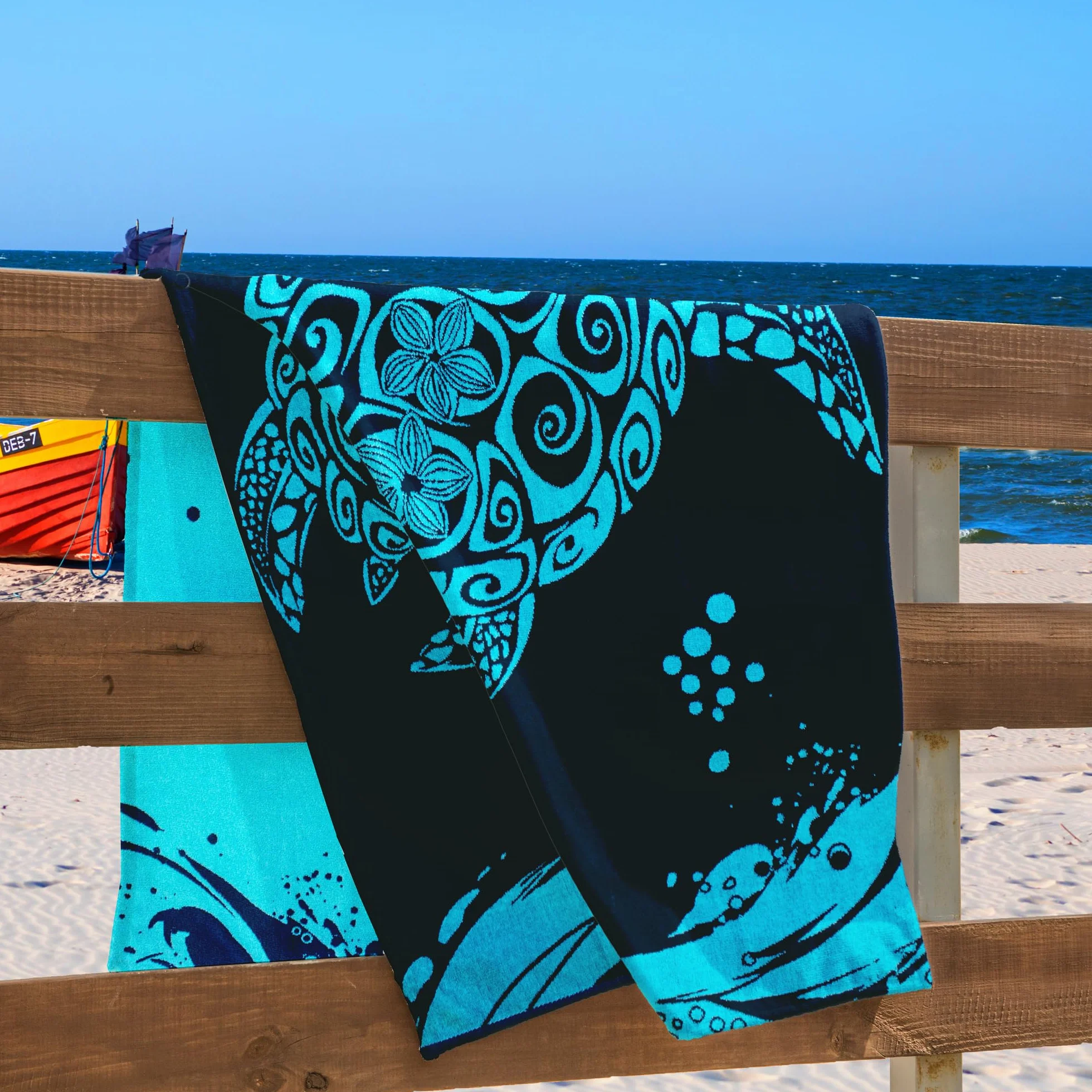 Telo mare grande 90x180 cm Telo mare 100% cotone spugna velour, morbido e assorbente, facile da lavare, asciugatura rapida blu scuro, blu acquamarina e bianco, Tartaruga