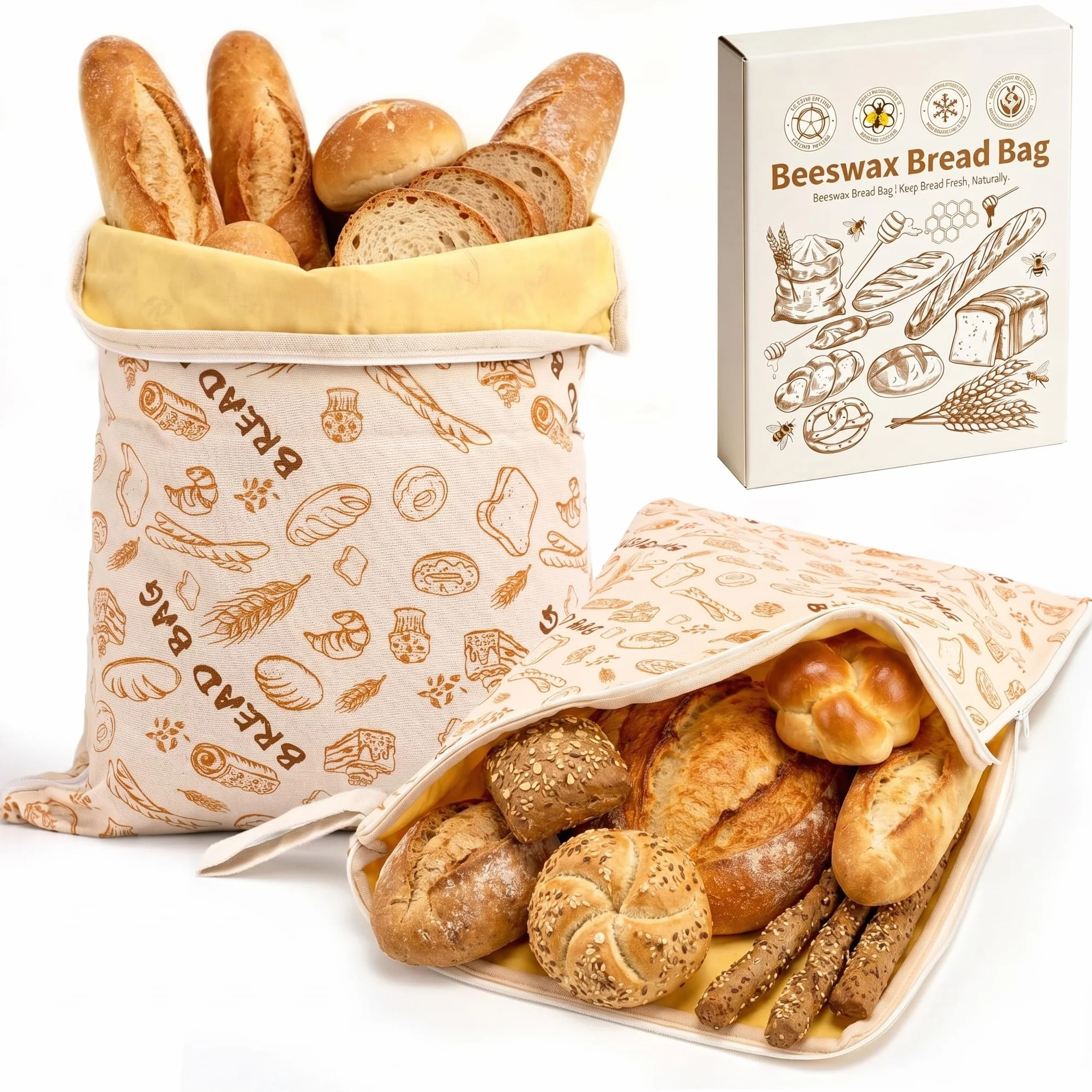 AHJ Confezione da 2 Sacchetti per Pane in Cera d'Api 43x33cm, Borsa Porta Pane Riutilizzabile in Cotone e Lino con Cerniera a L per Sourdough Fatto in Casa, Baguette e Pane Artigianale Lavabile