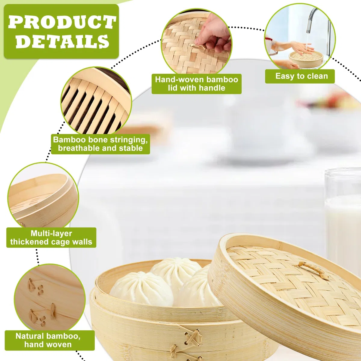 HEKOBAG 2 Pezzi Vaporiera in Bambù, Ø 21cm, Cottura a Vapore Cestello Bambù con Coperchio Cestello Bamboo Cottura a Vapore con 5 Panni per la Cottura a Vapore per Riso, Pesce, Carne, Verdure, Snack