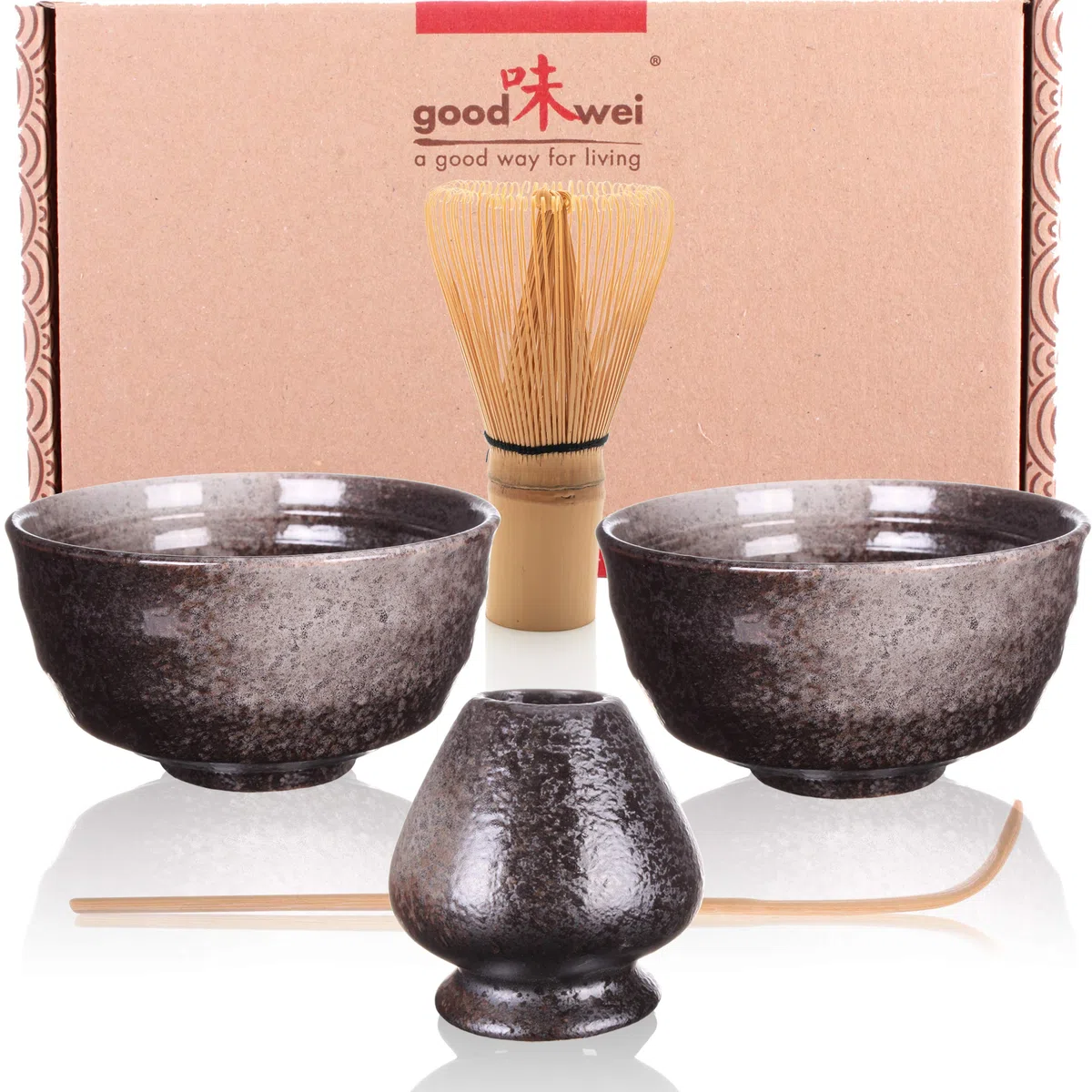Goodwei Matcha Kit DUO con scopa per matcha, due ciotole per matcha e supporto per frusta in ceramica | Matcha Set regalo per due (Goma)