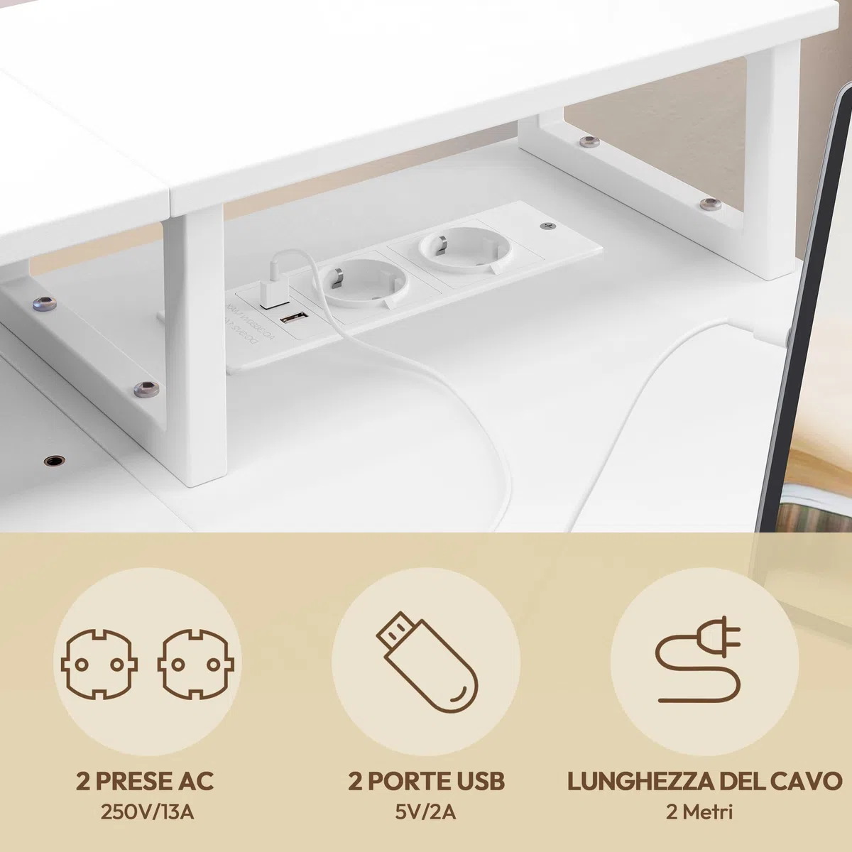 Yaheetech Scrivania Angolare con Cassetti, 120×68 cm, Scrivania ad Angolo Reversibile con Prese di Corrente e Porta USB, Scrivania Salvaspazio a L con Scaffali Portaoggetti Tavolo, Bianco