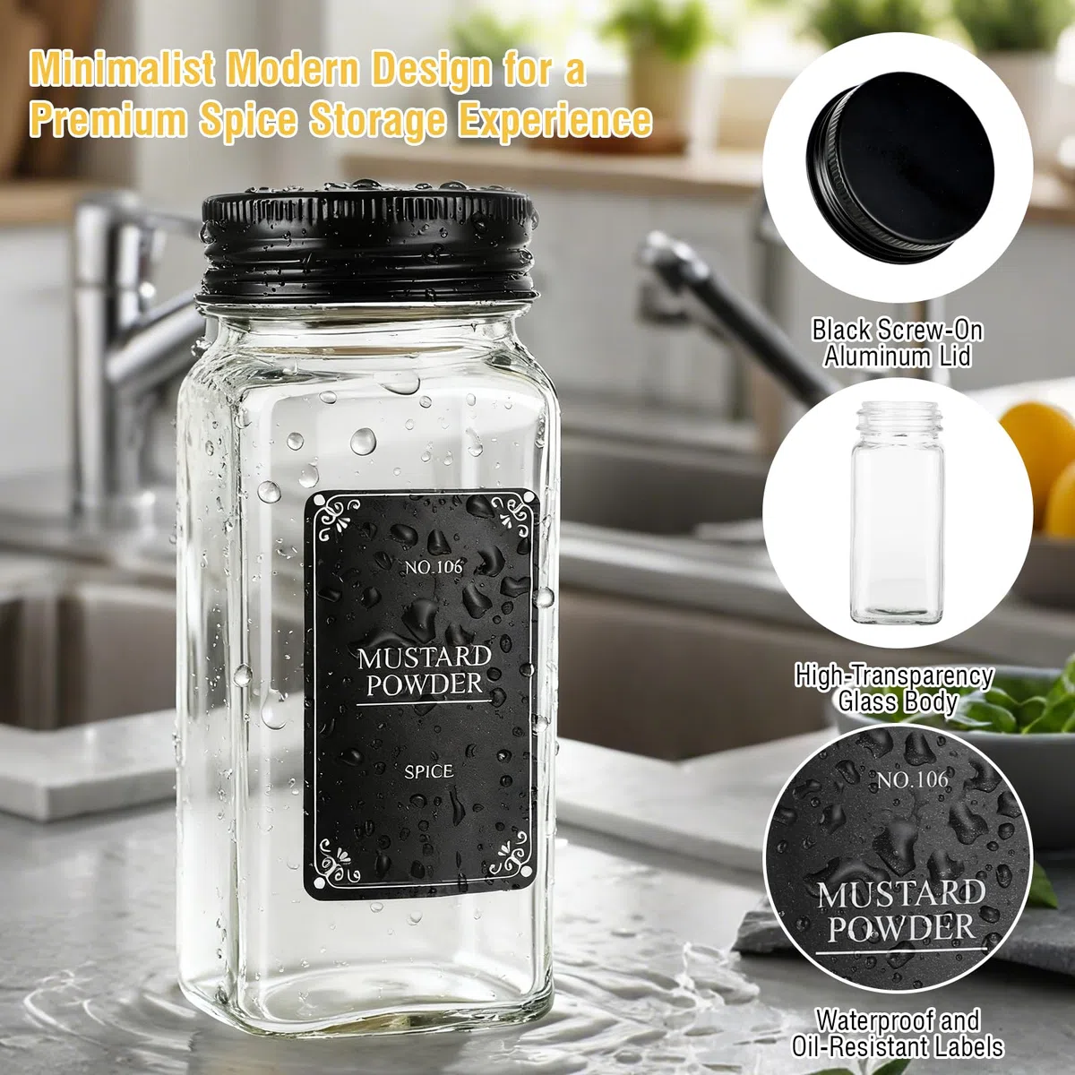 Set 24 Barattoli per Spezie – Contenitori in Vetro 120 ml con Coperchi e Dosatori – Barattoli Ermetici con Etichette, Pennarello, Imbuto, Spazzola – Organizer Cucina per Pepe, Erbe, Sale e Peperoncino