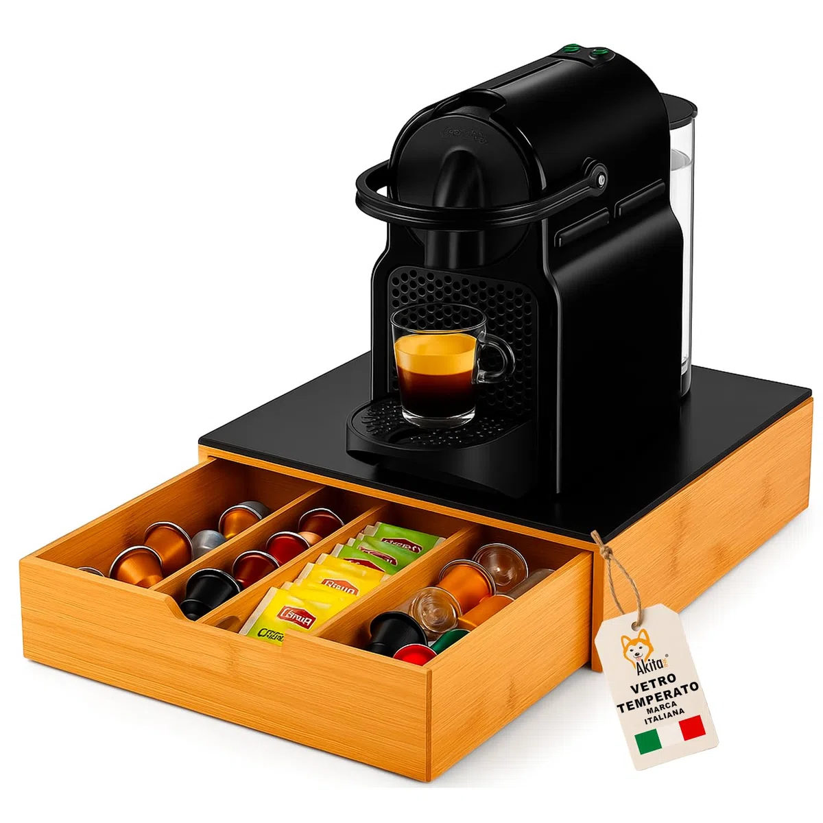 AKITAInk Porta Cialde in Bambù con Cassetto a 4 Scomparti e Piano in Vetro - Organizer per Capsule, Caffè e Tisane - Perfetto per Angolo Caffè Moderno in Cucina e Ufficio