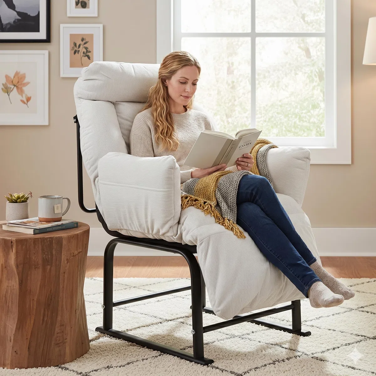 Poltrona Relax, Ergonomica Reclinabile 90°-180°, Poltrona Reclinabile con Schienale e Poggiapiedi Regolabile, Poltrone per Soggiorno/Ufficio, con Tasconi Laterali, Bianco