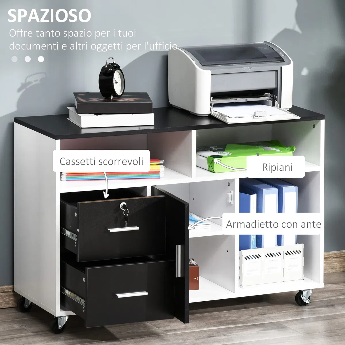 HOMCOM Mobile Porta Stampante a Rotelle con 2 Cassetti Chiudibile a Chiave, 3 Ripiani e Armadietto, Mobile Stampante per Documenti da Ufficio e Studio, 100x35x65 cm, Nero e Bianco