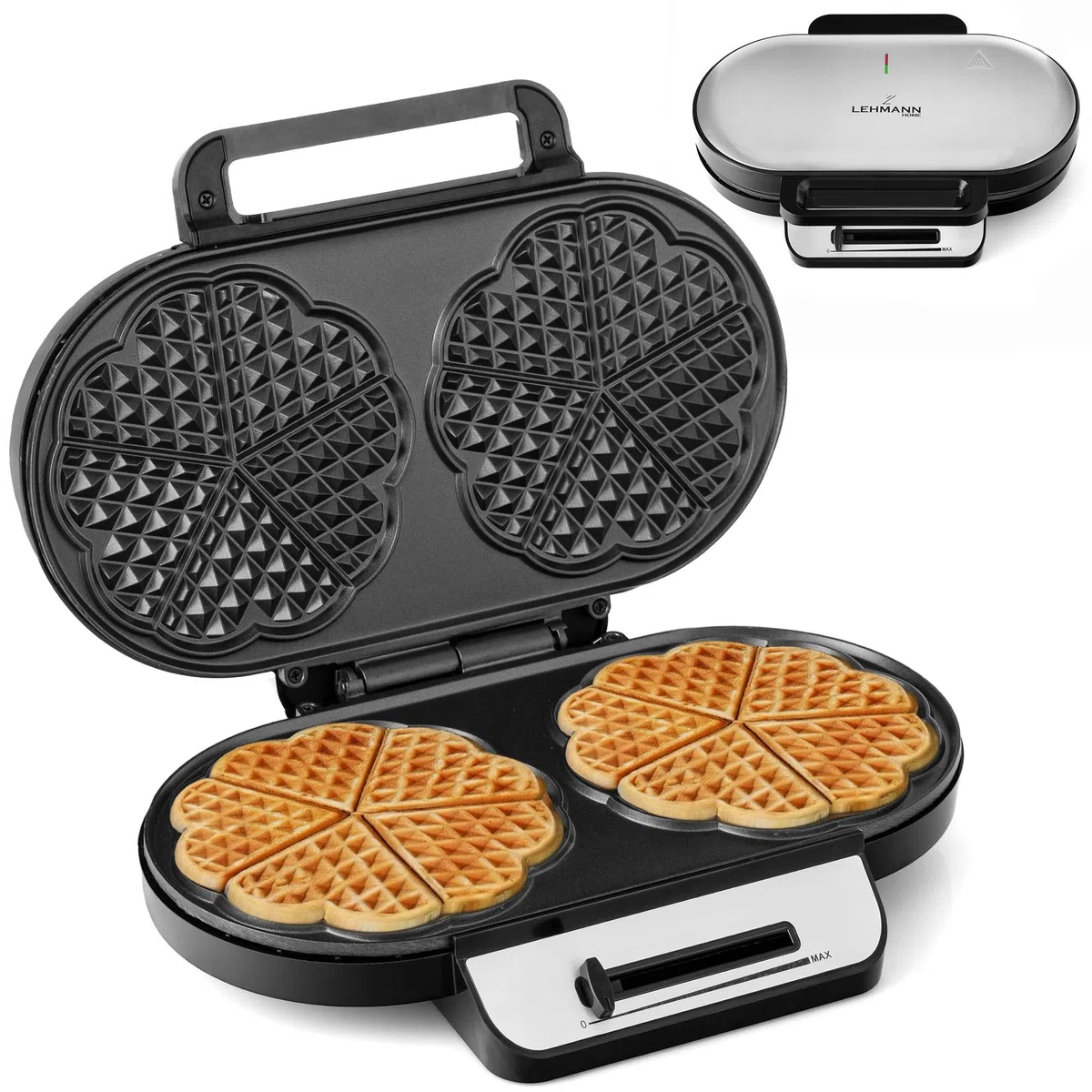 LEHMANN Doppio Piastra per Waffle a Forma di Cuore, Waffle Maker per 10 Cuori, 2 Superfici di Cottura Antiaderenti, Controllo Della Temperatura, Indicatore di Pronto, 1200W, Nero/Argento