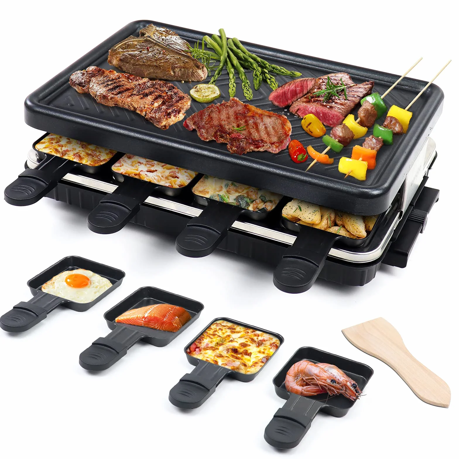 HengBO Raclette Grill per 8 Persone Piastra Griglia Elettrica per Cucinare Teppanyaki da Tavolo Barbecue con 8 Mini Padelle di Cottura e 4 Spatole in Legno Pasqua 1300W