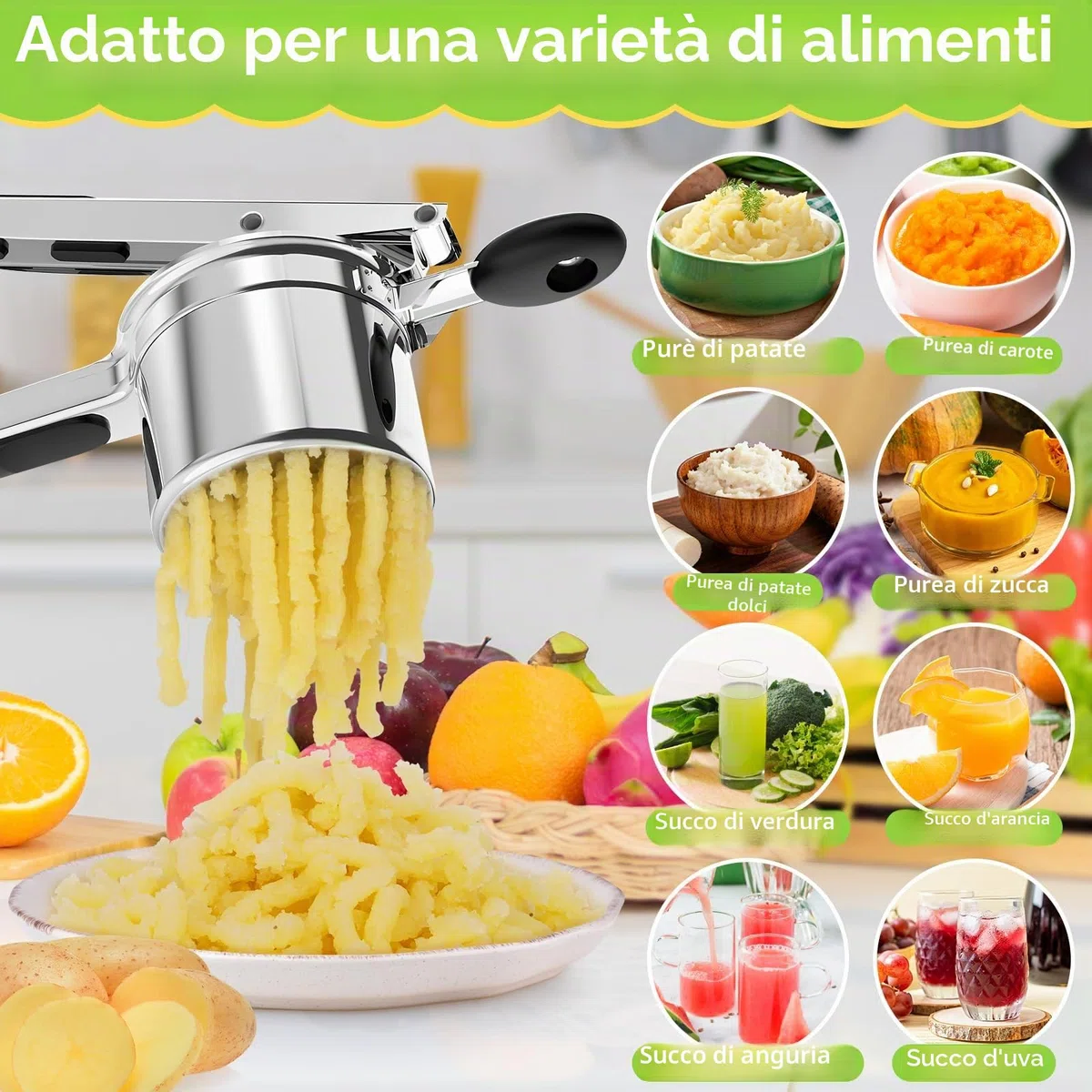 CIRULLI schiacciapatate,schiacciapatate Acciaio inox a tre Maglie Intercambiabili,torchio per Melanzane in Acciaio inox per Preparare Purè di Patate,Puree e Succhi di Verdure lisci come Spremiverdure