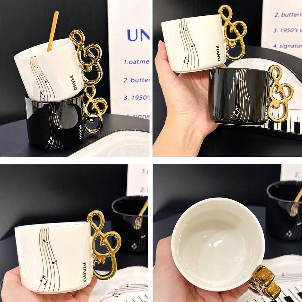 Tazze in Ceramica con Note Musicali con Piattino e Cucchiaino, Tazze da Caffè Creative con Tema Piano, Tazze da Cappuccino 200 ml, Tazze da Caffè in Porcellana, Tazze Mocha in Set Regalo (Bianco