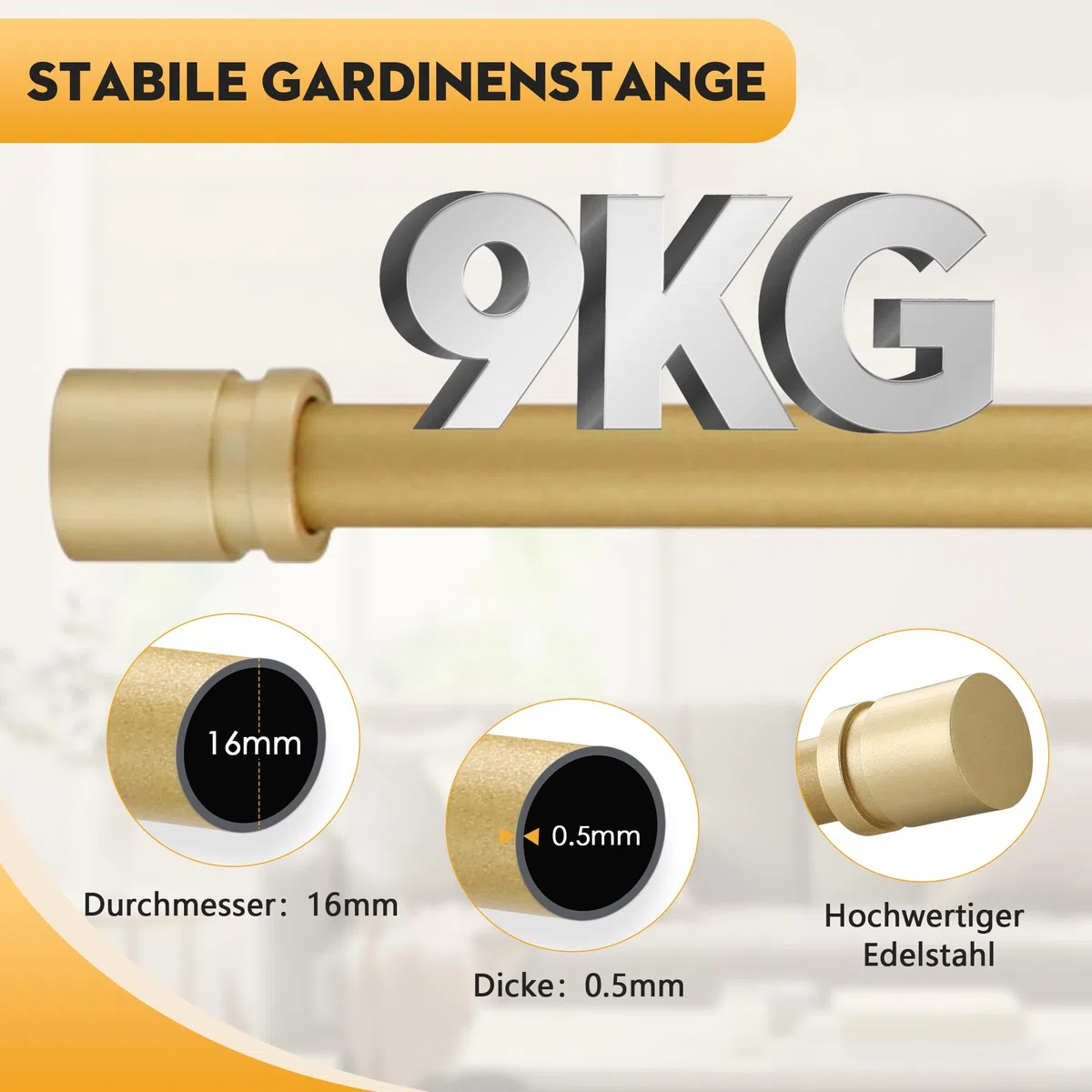 Asta per tende allungabile da 16 mm, asta per tende dorata con terminali e supporti, 63-183 cm, adatta per finestre e camera da letto
