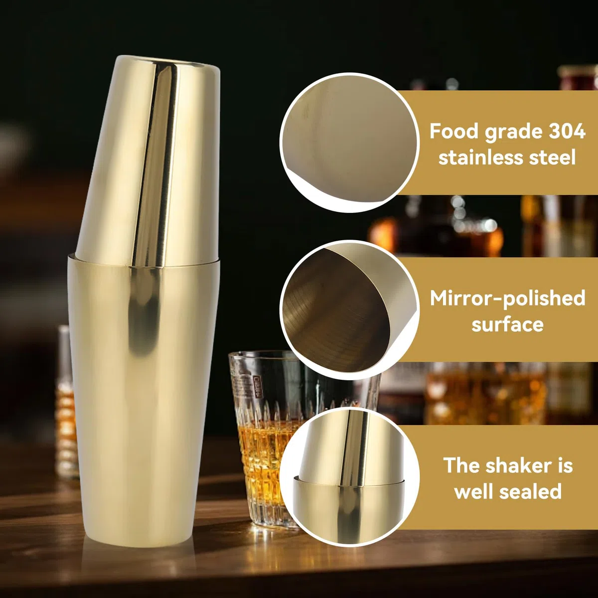 Shaker per cocktail, shaker Boston in acciaio inossidabile 17oz/26oz Martini Shaker Shaker per bevande per barman e home bar(Oro)
