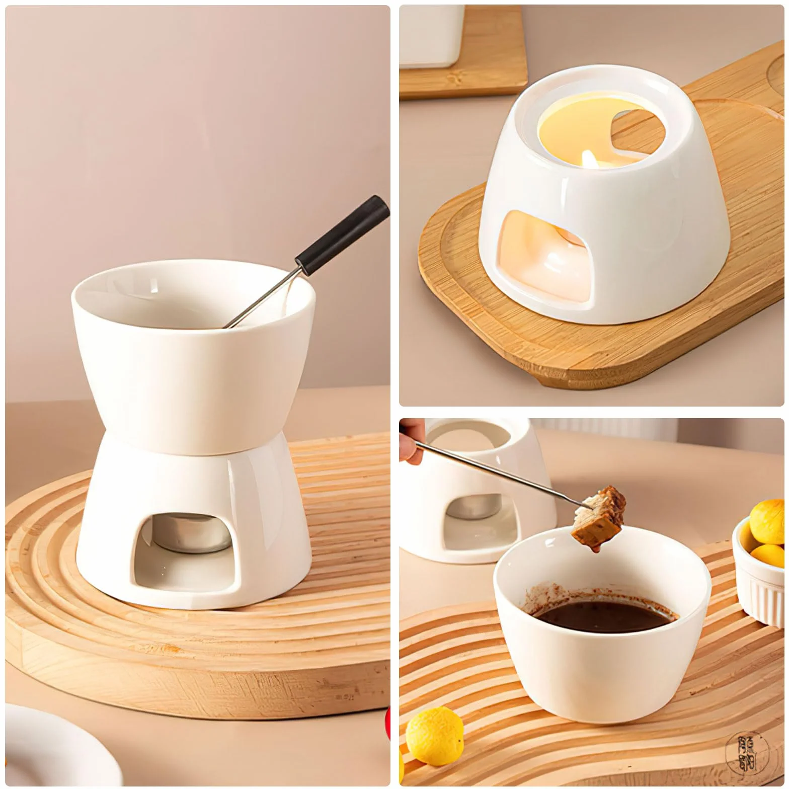DAWRIS Set Fonduta in Ceramica per Cioccolato e Formaggio, Ciotola in Ceramica con Portacandela e 4 Gabeln, Set Fonduta per Cioccolato e Formaggio per Famiglia e Dessert