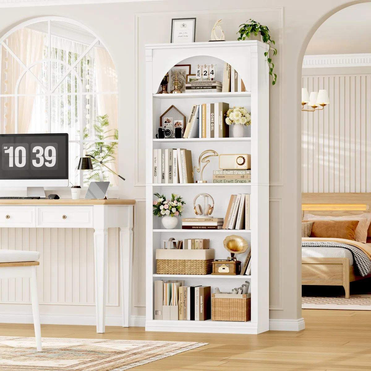 FirFurd Libreria Verticale, Libreria da Arco a 6 Ripiani, Scaffale Portaoggetti con Scomparti e Ripiani Aperti, per Soggiorno, Ufficio, Studio, Camera da letto, 75x27.7x186cm (Bianco)
