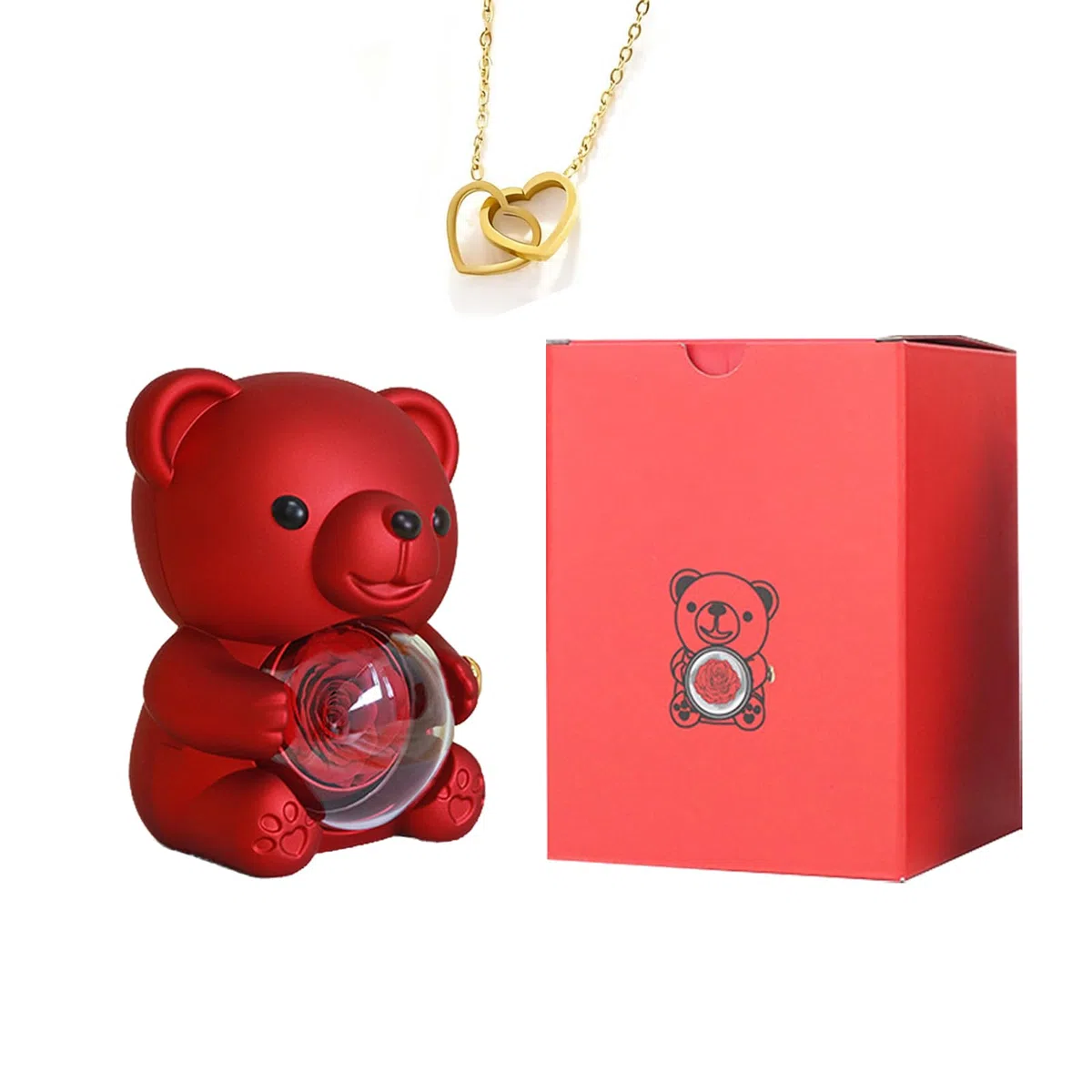 Orsetto con rosa eterna e cofanetto portagioie – regalo romantico con collana da donna – idea regalo per San Valentino, festa della mamma, compleanno e matrimonio