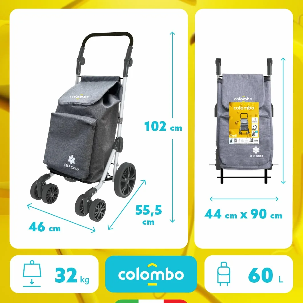 COLOMBO Troll Carrello Spesa in Alluminio Leggero e Resistente 60L con Borsa Termica 4L, 6 Ruote Push&Pull, Manubrio Regolabile Antiscivolo, Porta Monete – Carrello Spesa Pieghevole, Salvaspazio