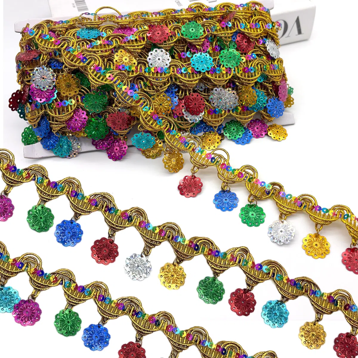 DHER Nastro decorativo con paillettes lungo 9 metri, nastro con paillettes da 45 mm, Tessuto Paillette Nastro Trim Nastri di paillettes Paillettes Bordo Tessuto paillettes (Oro + frange colorate)