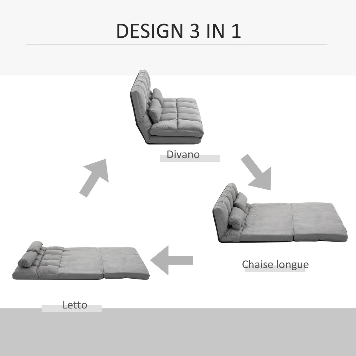HOMCOM Divano Letto Moderno 2 in 1, Schienale Reclinabile su 7 Livelli e Cuscini, Divano per Soggiorno per TV, Giochi, Lettura, Yoga, Ufficio, 130x73x60 cm, Grigio Chiaro