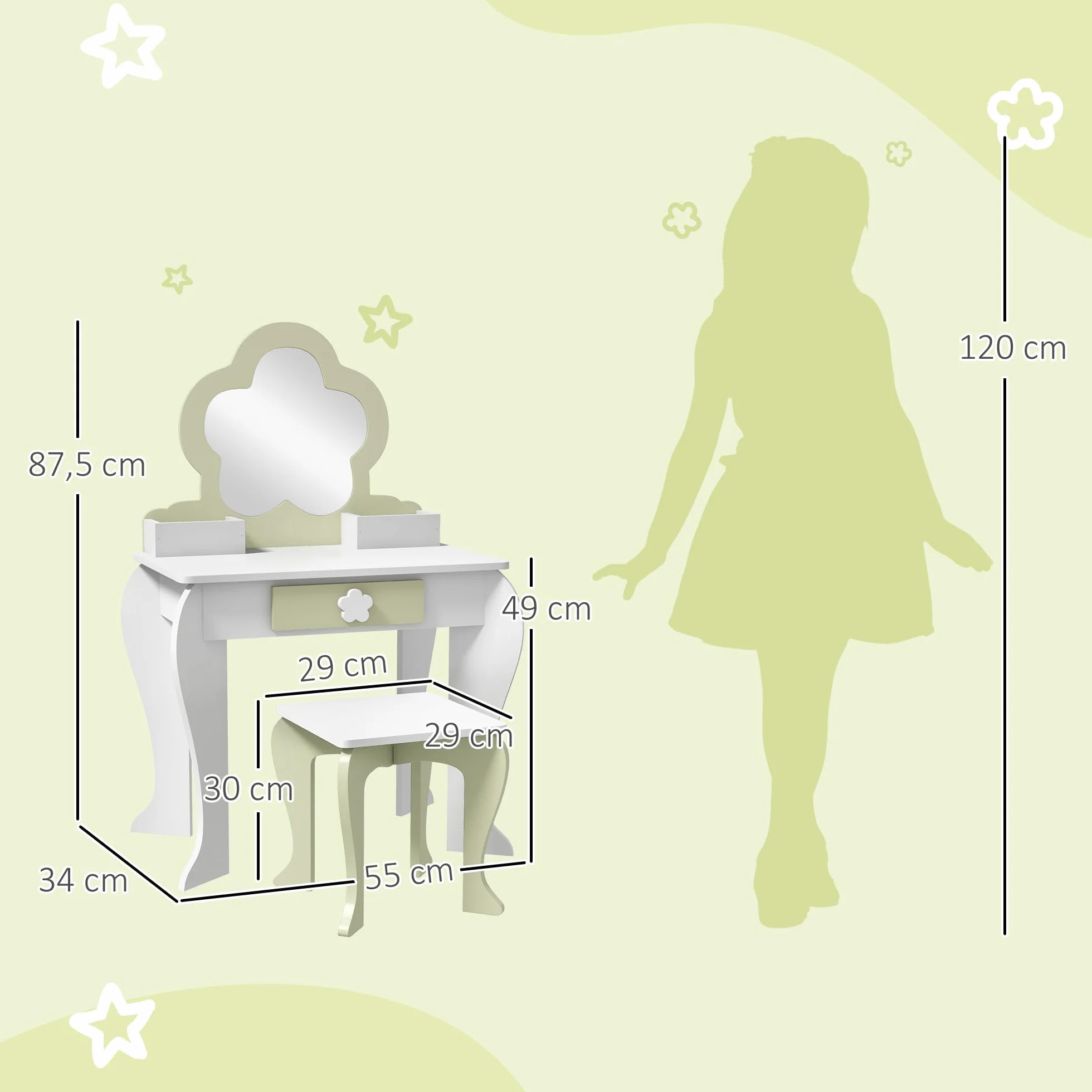 ZONEKIZ Set Toeletta con Specchiera Trucco per Bambina con Sgabello Abbinato, Tavolo Toeletta in Legno con Cassetto e Contenitori, Specchio a Fiore, Bianco