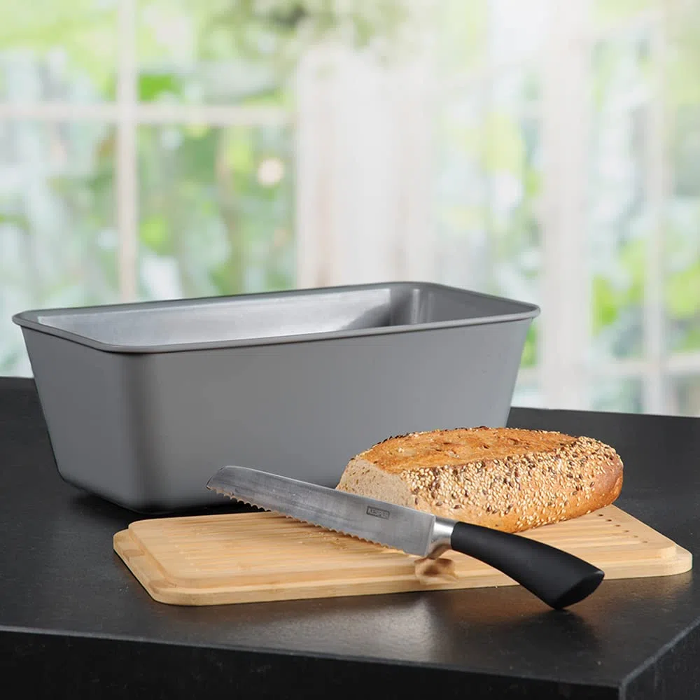 Kesper 58491 Portapane in Plastica, Grigio, con Coperchio in bambù, FSC