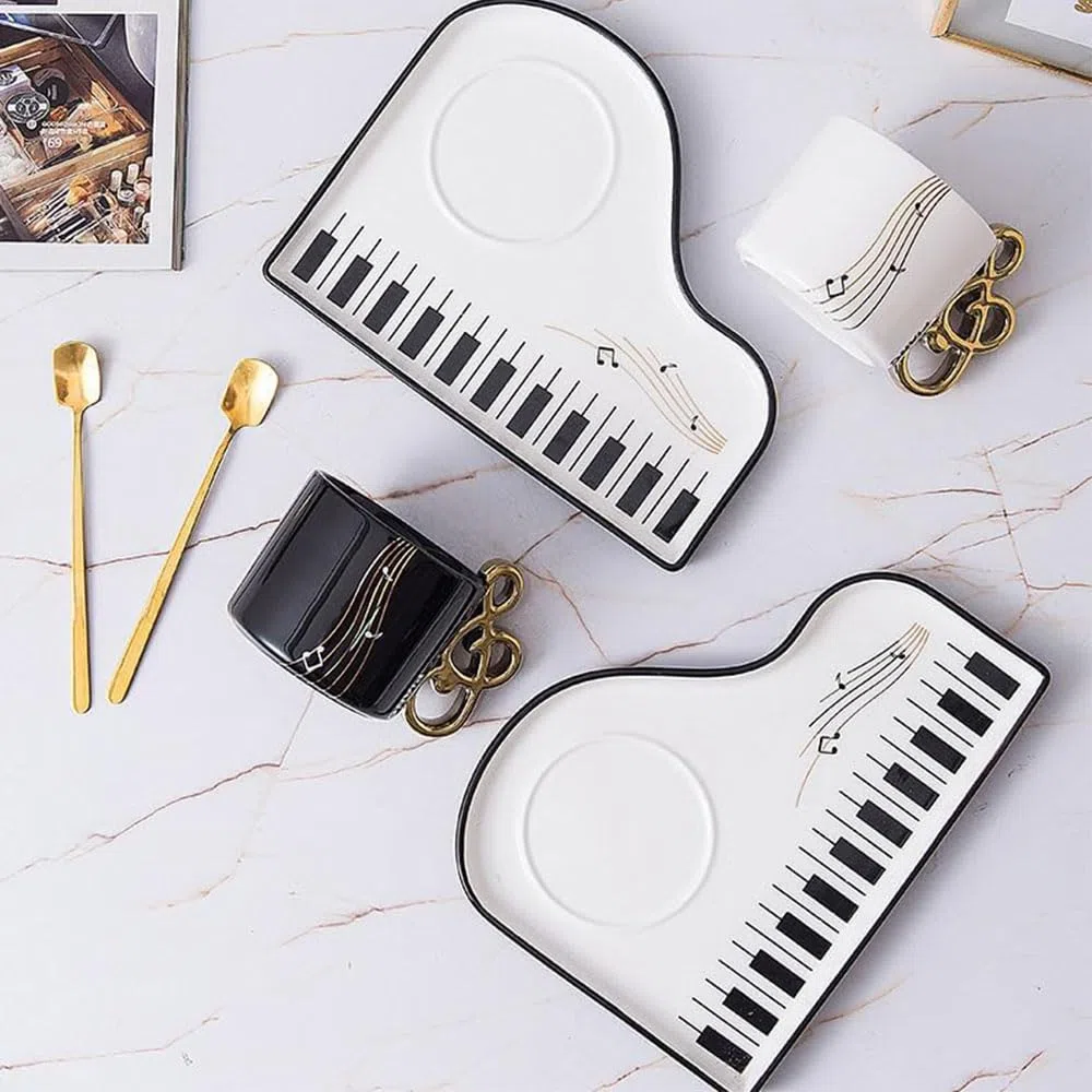 Tazze in Ceramica con Note Musicali con Piattino e Cucchiaino, Tazze da Caffè Creative con Tema Piano, Tazze da Cappuccino 200 ml, Tazze da Caffè in Porcellana, Tazze Mocha in Set Regalo (Bianco