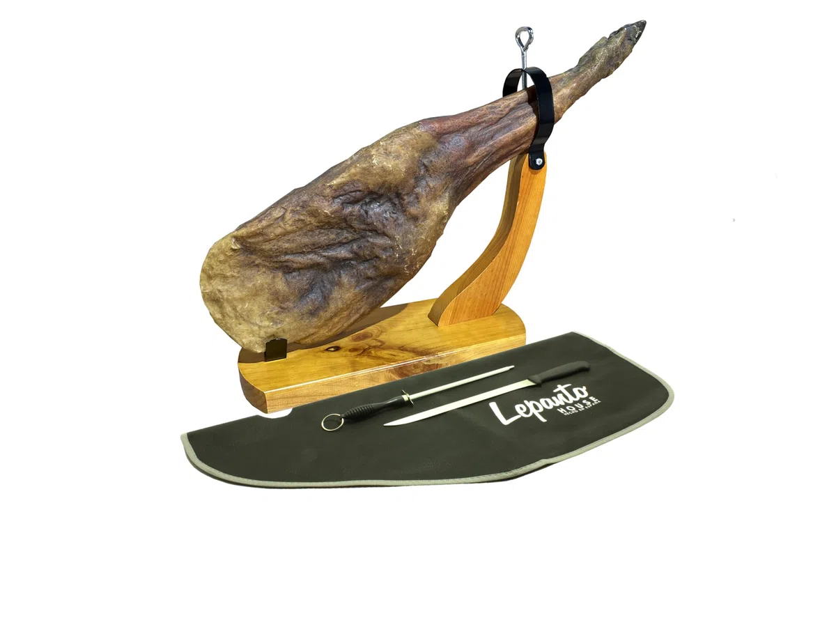 Porta prosciutto Gondola Modello Huelva Hammon in Color Miele con Coltello da Prosciutto, Affilacoltelli e Copri Prosciutto in Omaggio, Valido per la Casa e per il Ristorante (Nero) LepantoHouse