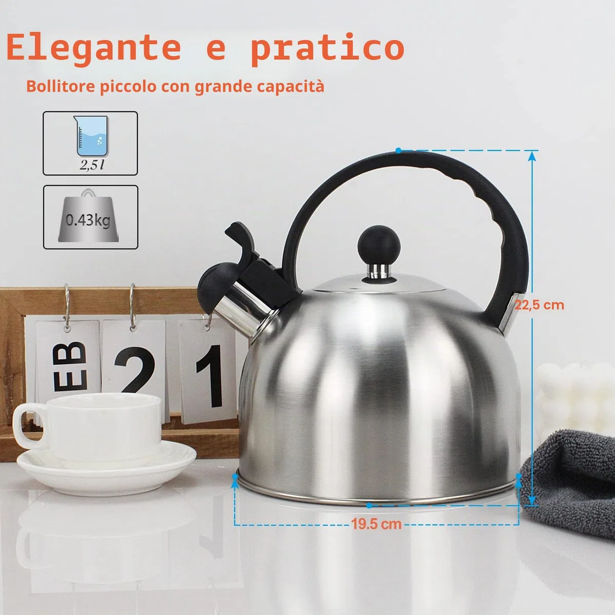 ROSSETTO Bollitore per acqua Bollitore per tè 2,5 litri in acciaio inossidabile di alta qualità Bollitore per acqua a induzione Bollitore per tè con suono di fischio, adatto a tutti i tipi di cucine
