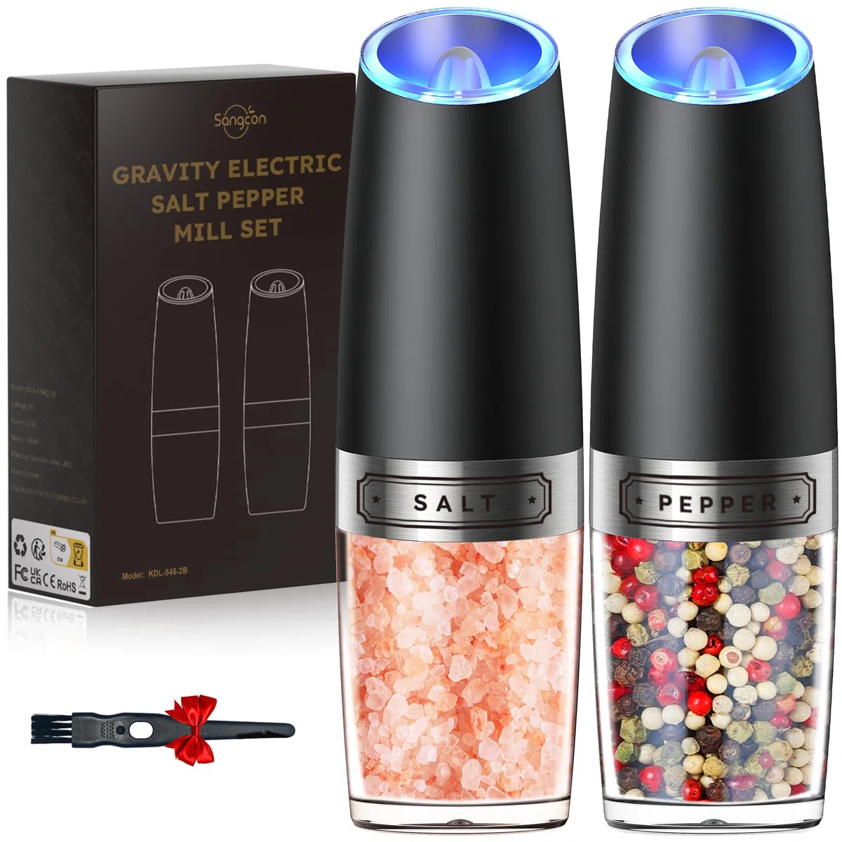 Sangcon - Macinapepe elettrico a gravità, macina sale e pepe automatico con luce LED, alimentato a batteria, grana regolabile, funzionamento con una sola mano, maggiore capacità migliorata