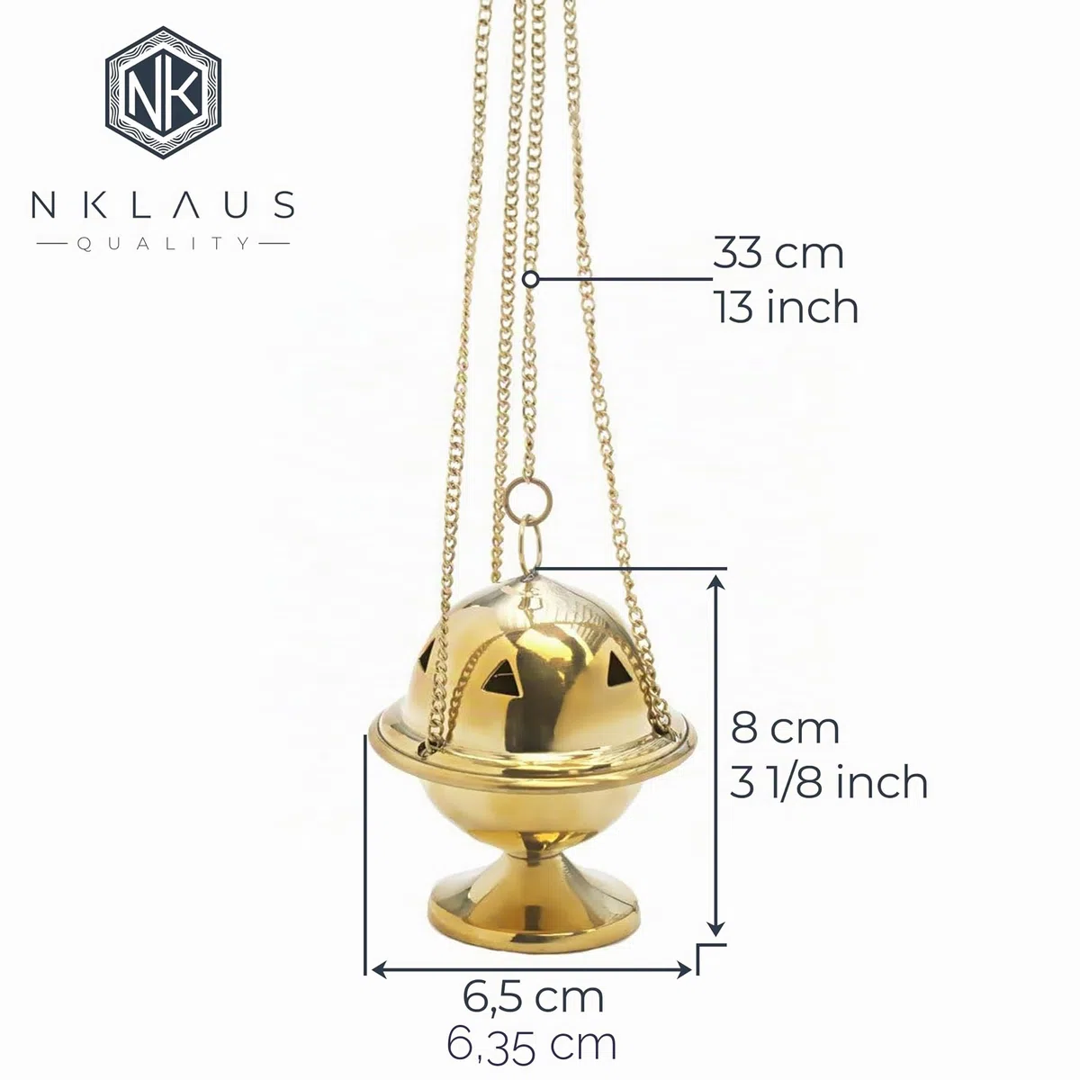 Nklaus Portaincenso in ottone dorato lucido Catena 33 cm 8x6,5 cm Bruciatore di incenso tradizionale per chiesa, rituali e casa 2941