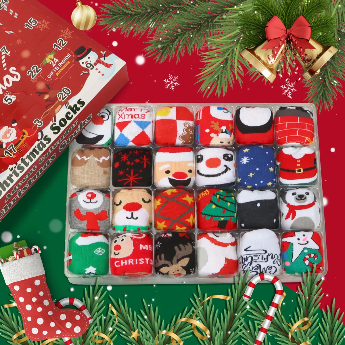 MOMOSTAR Calendario Avvento Donna 2025, 24 Paia Calzini Natalizi, Calendario dell'Avvento 2025, Cotone Calze Natale con Renne Babbo Natale, Regali Natale per Adulti Donna Uomo