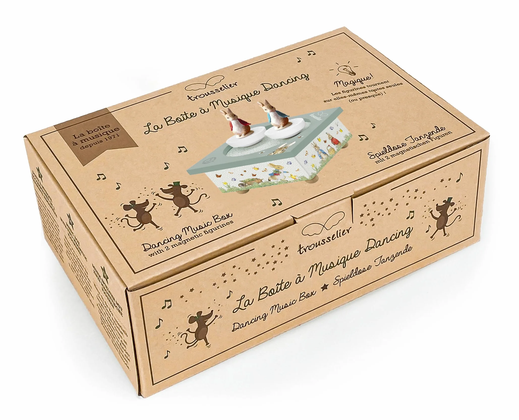 Trousselier - Peter Rabbit - Carillon danzante - 2 figure rimovibili - Facile da usare - Menuet De Mozart - Colore verde - 2 pezzi