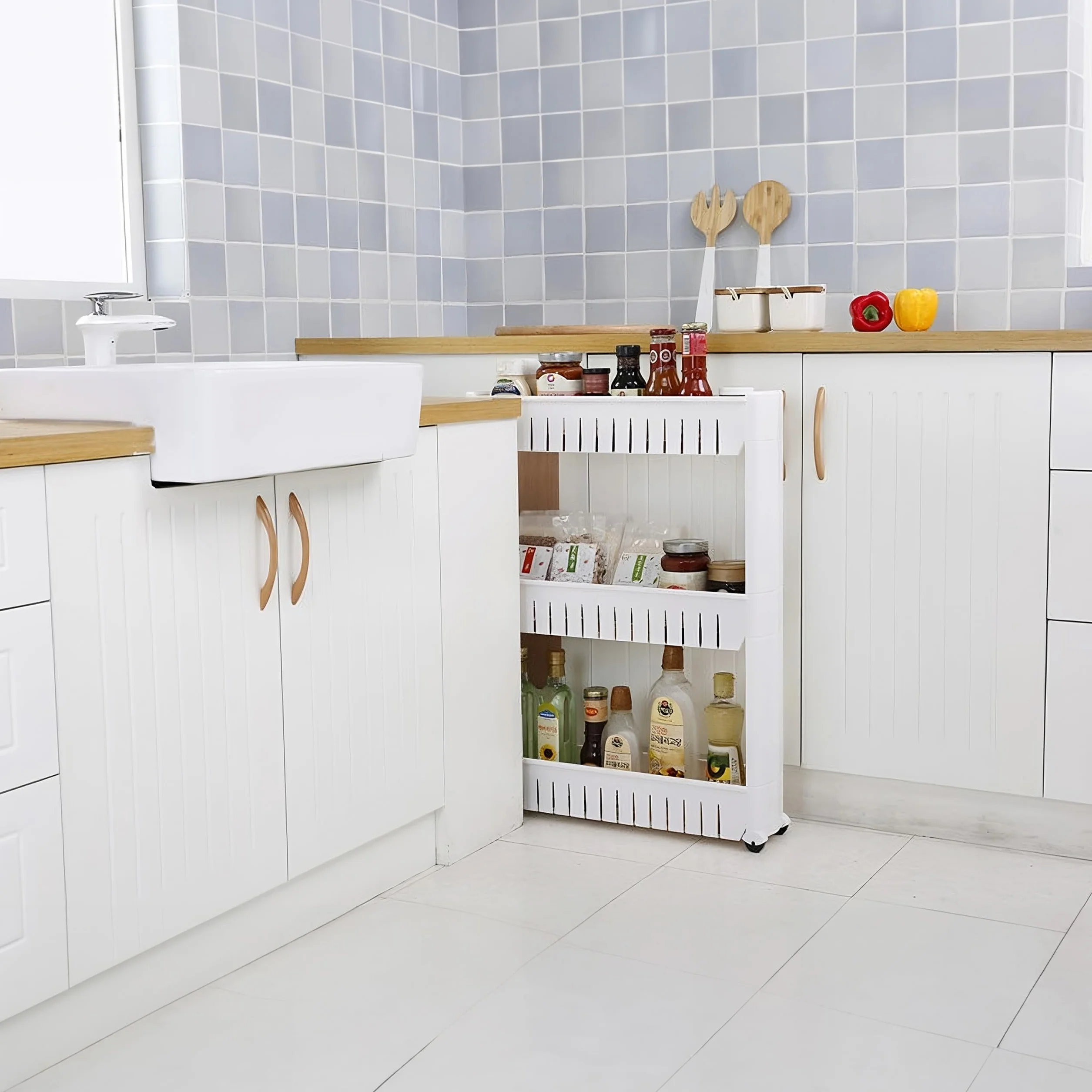 Retoo Carrello a rotelle a 3 livelli, in plastica, sottile, universale, per nicchia su ruote, salvaspazio, scaffale da bagno e cucina, scaffale su ruote per cucina, ufficio, bagno, 71 x 54 x 12 cm,