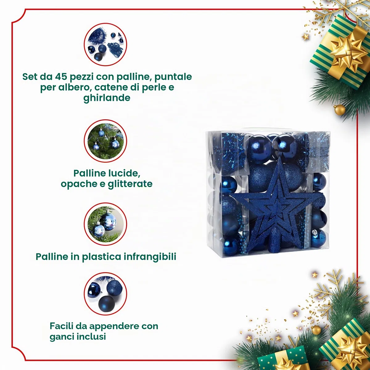 HEITMANN DECO - Addobbi per albero di Natale, colore blu, 45 pezzi, con puntale, palline, catene di perle e ghirlande, in plastica