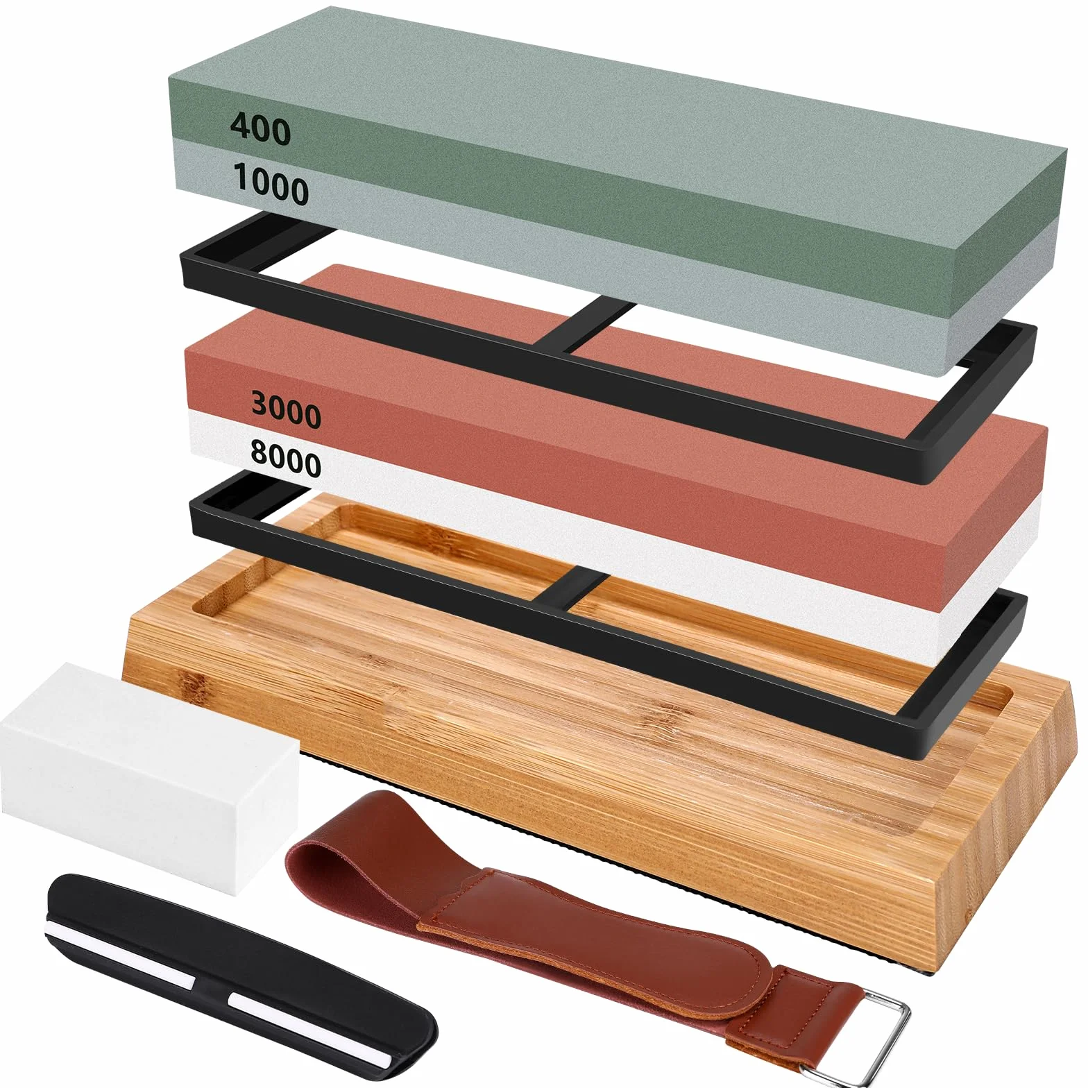Set di pietre per affilare per coltelli, set professionale di pietre per affilare, grana 400/1000 3000/8000, doppie pietre abrasivi, con base in bambù, pietra di correzione, supporto per utensili