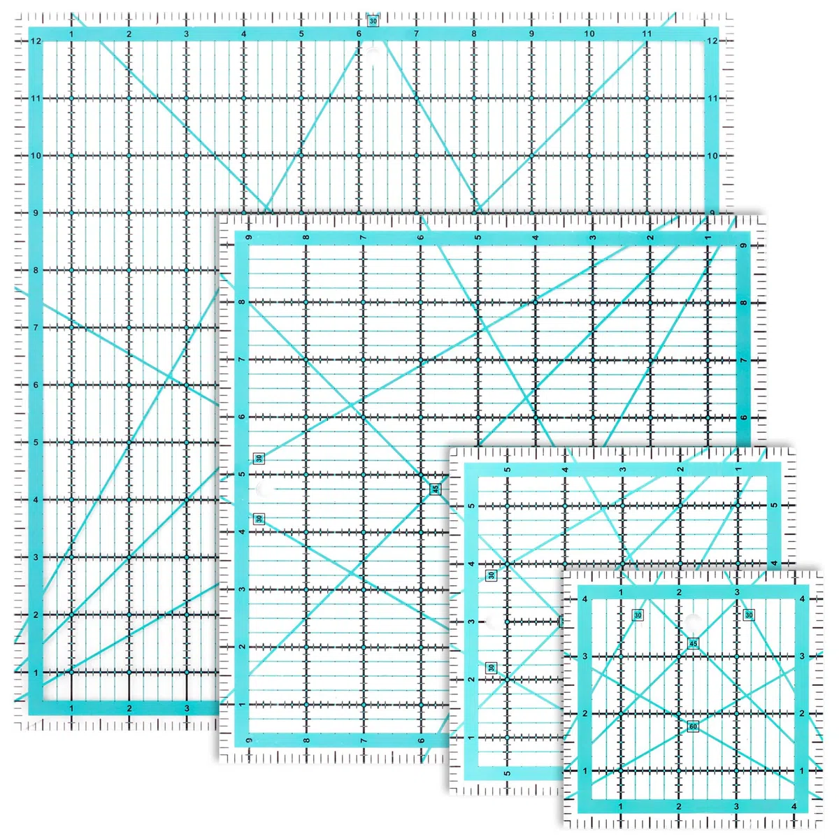 4 righelli patchwork da 31,75 cm, 24,13 cm, 15,24 cm, 11,43 cm, righello per cucitura quadrato, con scala e indicatore angolare, 30/45/60 gradi, righello da taglio trasparente per cucire