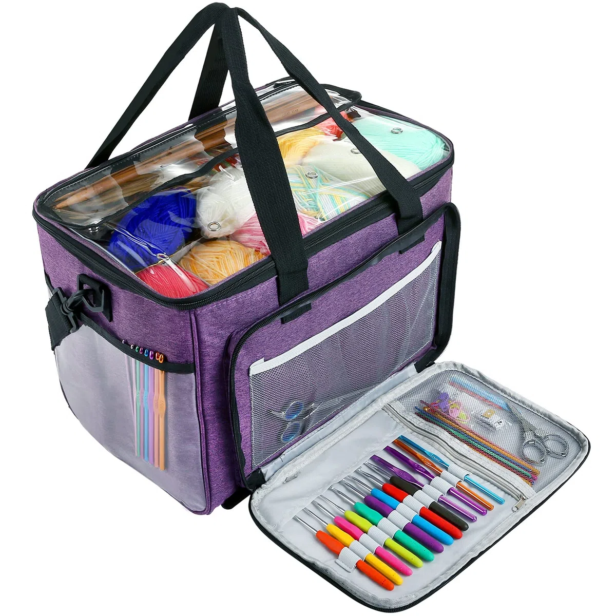 LEMESO Borsa a Maglia per Maglieria Lana Porta Lavoro Unicetto Custodia Filati Trasporto Conservazione Materiali per Cucito Inverno Sacco Organizer Tasche Scomparti Accessori Cuciture con Manico