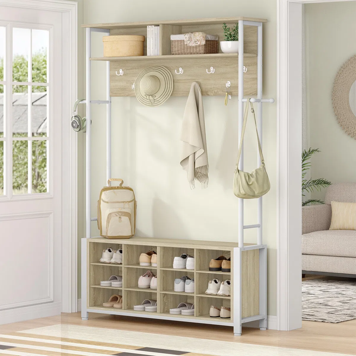 Hzuaneri Appendiabiti Ingresso con Panca Scarpiera, 12 Scomparti per Scarpe, 13 Ganci Attaccapanni, 32 x 106 x 185 cm, Industriale, per Corridoio, Ingressom, Greige HT17916W