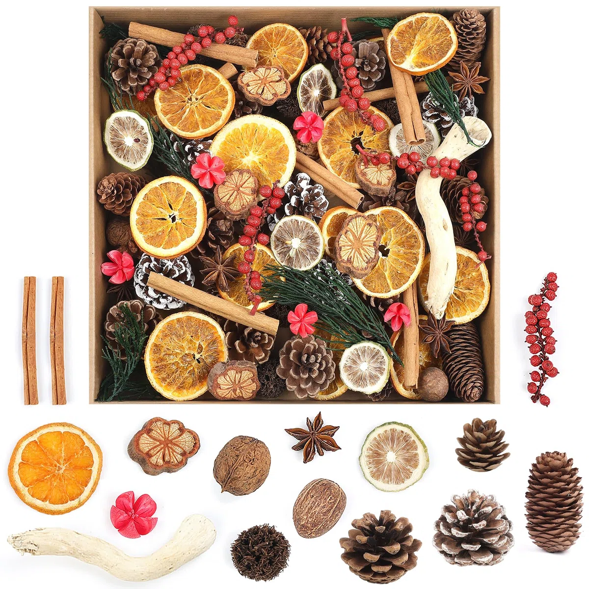 123 Pezzi Natalizio Potpourri Decorazioni Fai da Te Corona dell'Avvento Natalizio Set con Fette di Arancia Secca Cannella Coni di Pino per Tavolo da Pranzo, L'Albero di Natale Decorazione