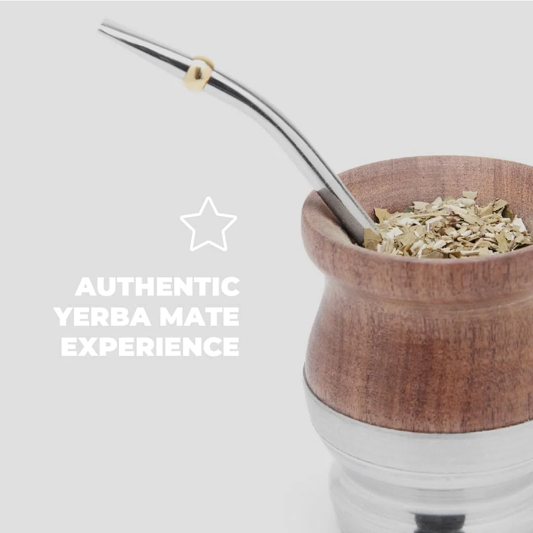 BALIBETOV Yerba Mate - Zucca di legno tradizionale carruba in legno con alluminio (tazza mate) – Set contiene Bombilla (sorbeto) per Mate (legno con base in alluminio)