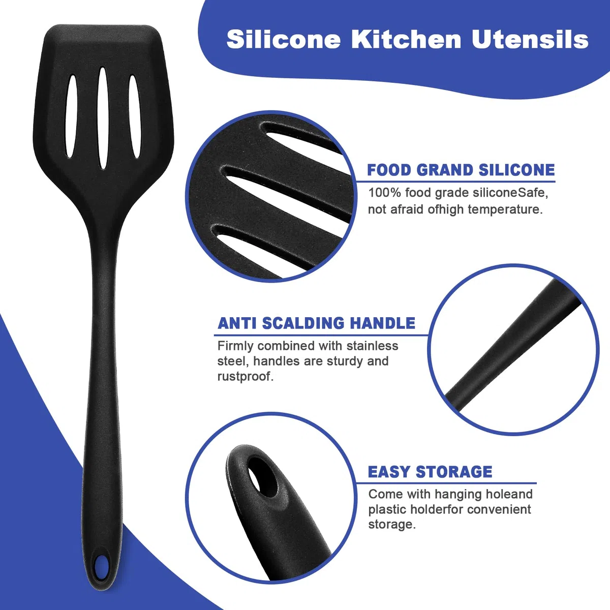 Set di utensili da cucina in silicone, 12 pezzi, set di utensili da cucina con supporto, senza BPA, con rivestimento antiaderente per uso alimentare, utensili da cucina, resistenti al calore e facili
