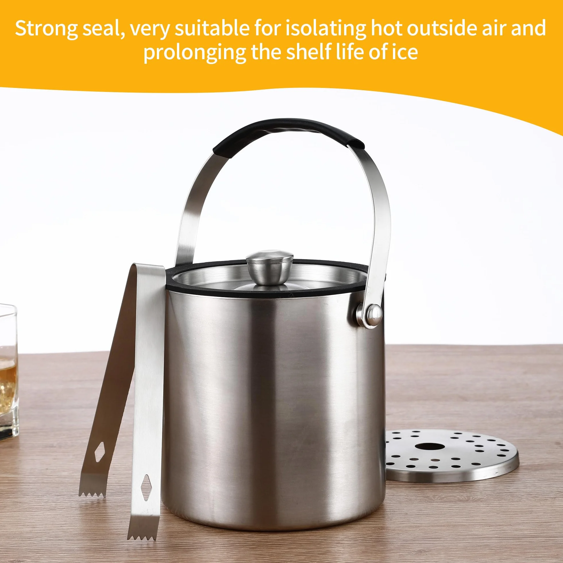 1.6 litri Secchiello Ghiaccio, Secchiello Ghiaccio In Acciaio Inox con Coperchio sigillante, Colino e pinze per Ghiaccio, Perfetto per cocktail Bar, Feste, Casa