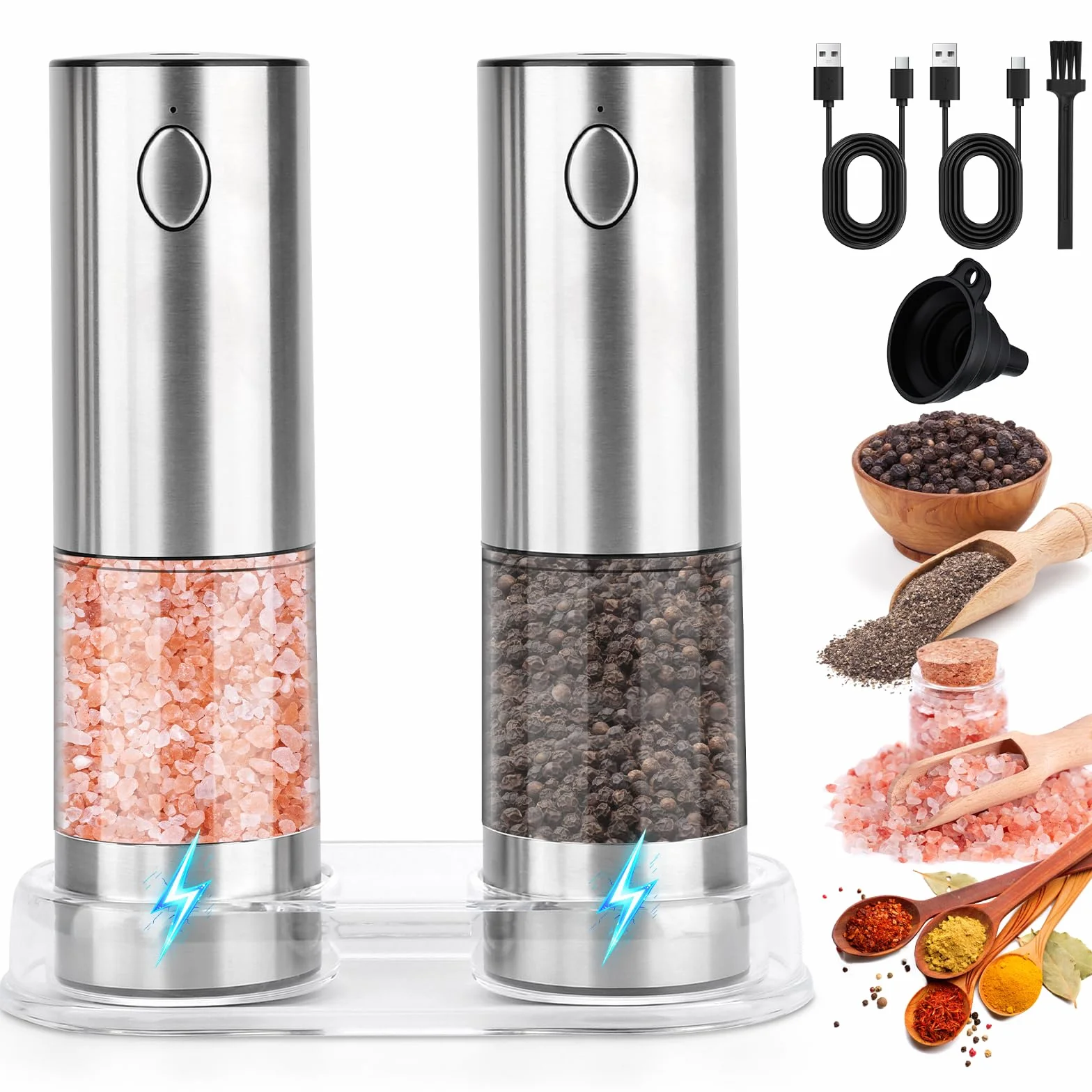 Set macina sale e pepe elettrico,Macinapepe automatici,Macina spezie con macinino in ceramica regolabile con granulometria regolabile,acciaio inox,per cucina e barbecuegrana - Argento