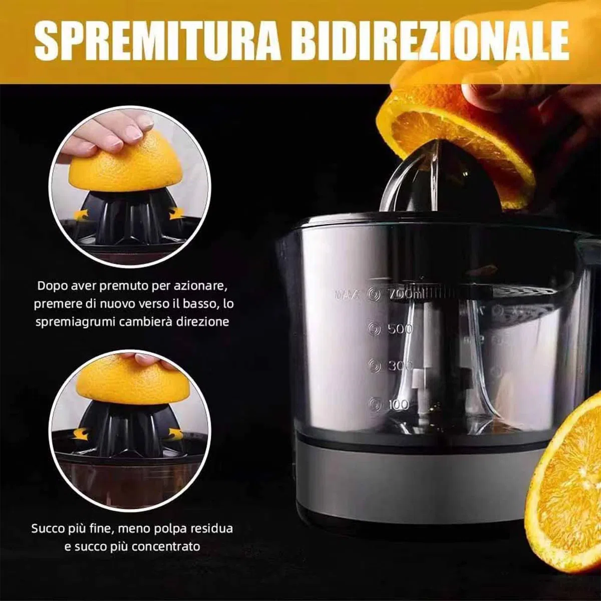 Spremiagrumi Elettrico Professionale in Acciaio Inox da 700ml - MOKEKA Alta Resa di Succo, 2 Coni Intercambiabili, Doppia Direzione di Rotazione - Ideale per Arance e Agrumi