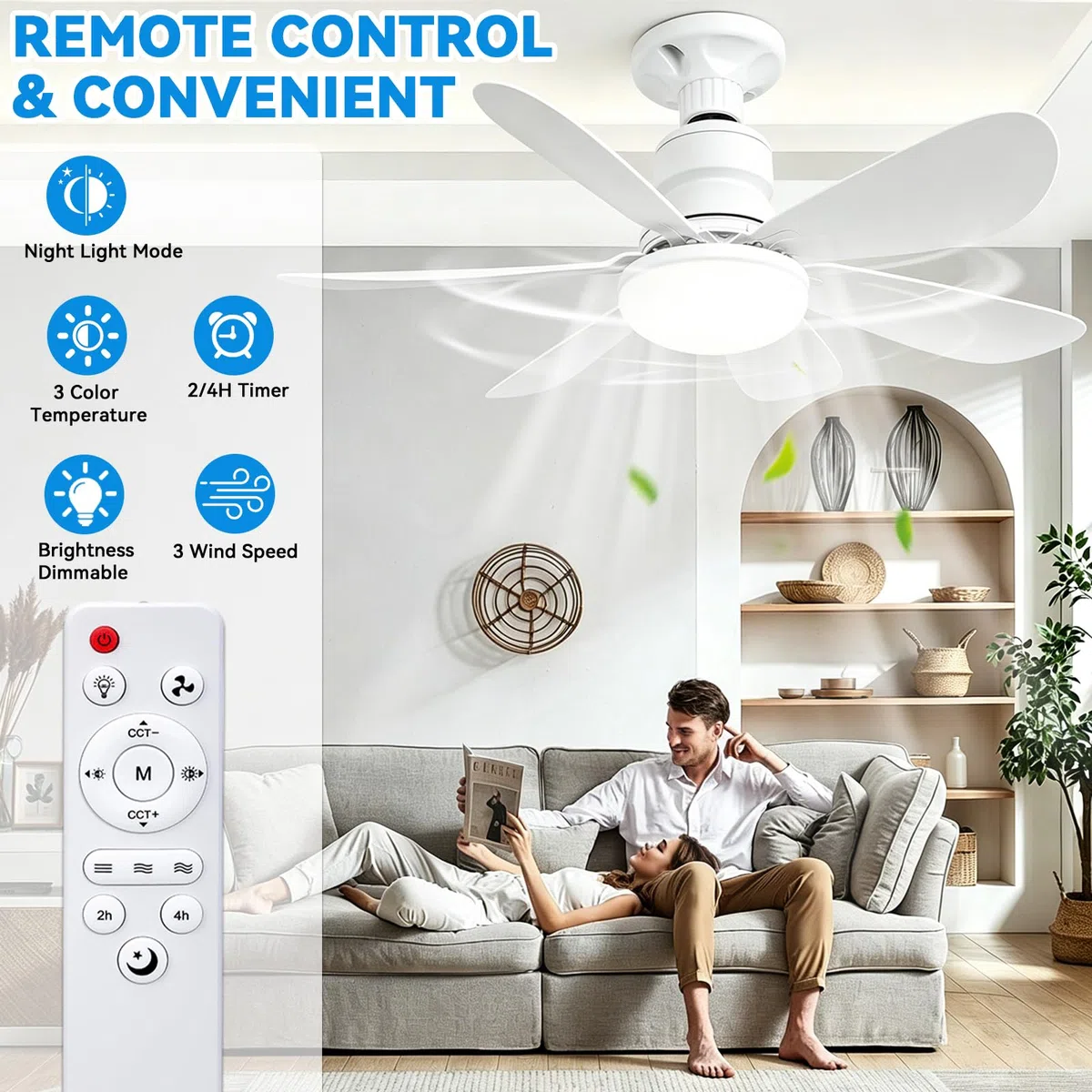 Ventilatore da Soffitto con Luce e Telecomando, 52 cm, 40 W, Ventilatore a Soffitto LED con Portalampada E27, Dimmerabile a 3 Modalità, 3 Velocità, per Soggiorno, Camera da Letto e Sala da Pranzo