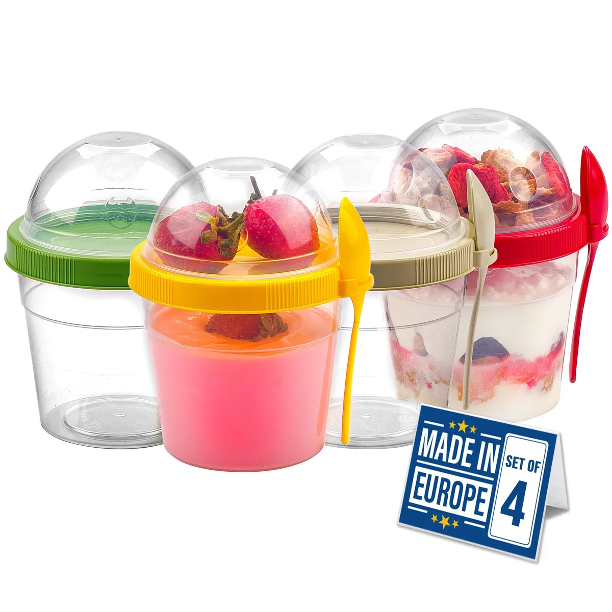 CRYSTALIA Riutilizzabile Tazza Yogurt To Go con Cucchiaio Tazza di Muesli To Go Set 4 500ml SENZA BPA Contenitore Yogurt Insalata Tazza Cereali con Coperchi Porta Yogurt Frutta Contenitore per Yoghurt
