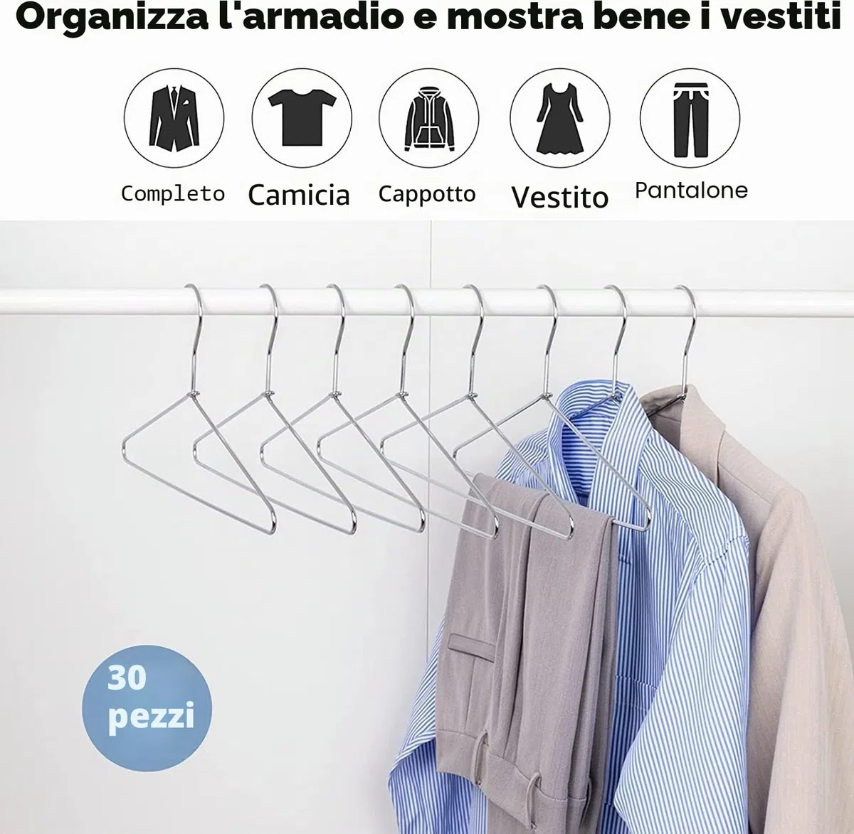 Amber Home 10 Pezzi 43cm di Grucce Appendiabiti in Ferro Metallico Cromo per Completo, Magliette, Camicie, Giacche, Abiti, Vestito, Scanalature Antiscivolo, Forte e Resistente