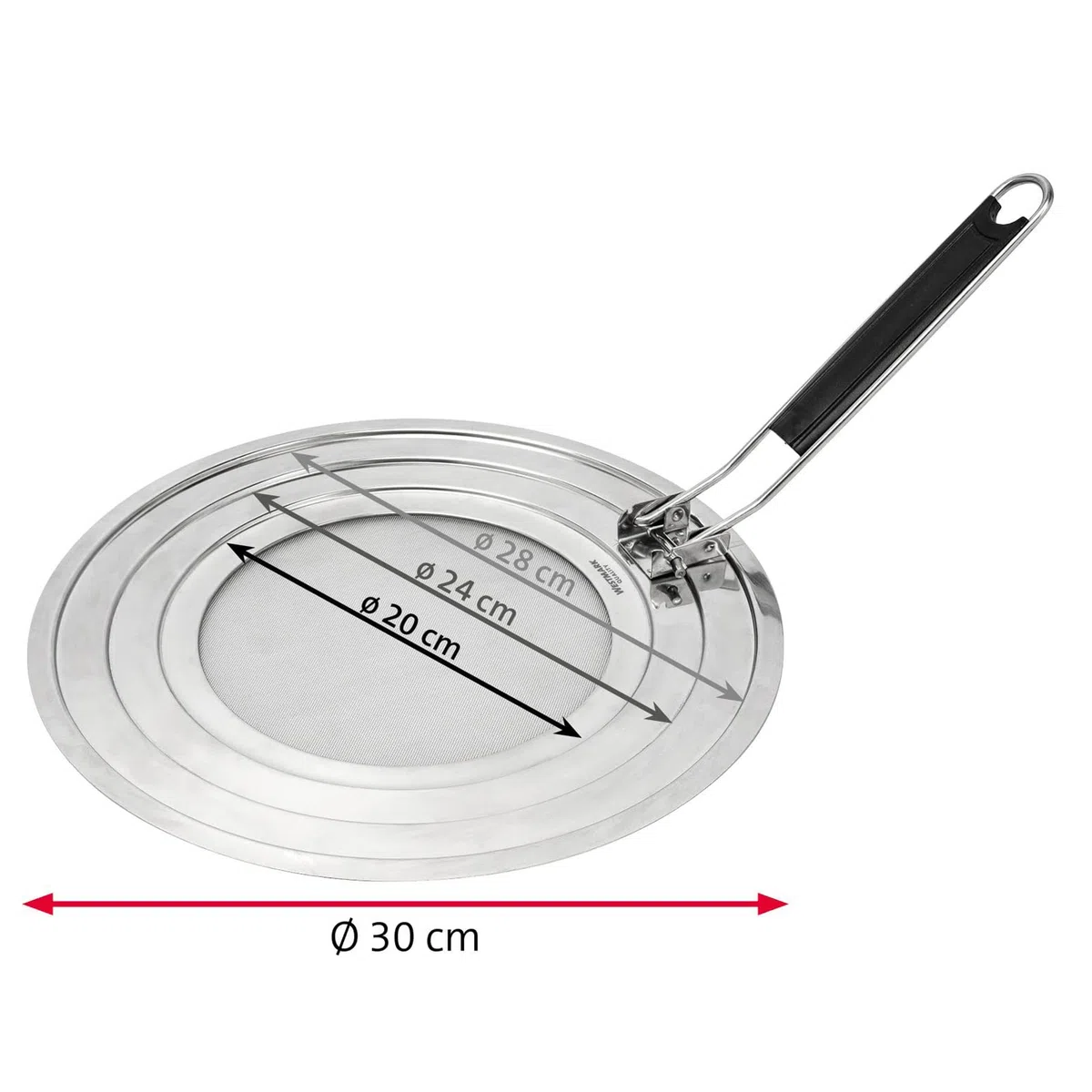 Westmark Coperchio Paraspruzzi, Per Pentole e Padelle con Diametro di 20, 24 e 28 cm, Manico con Isolamento Termico, Acciaio Inox, Exclusiv, Argento/Nero, 12192270
