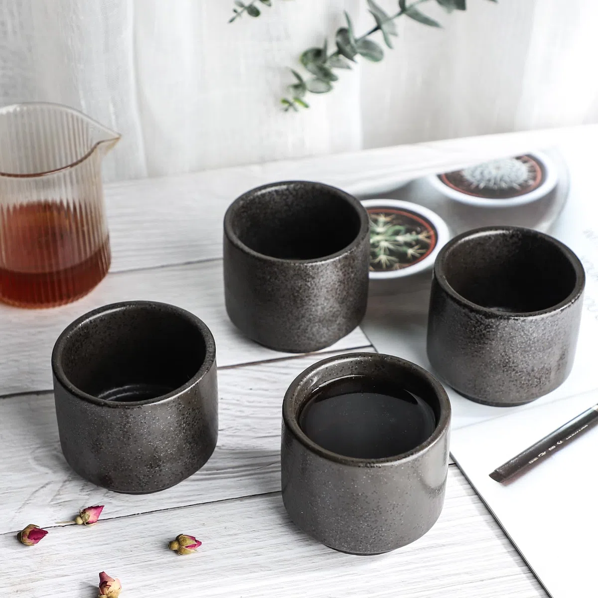 Tazze da tè in ceramica, 4 pezzi, 200 ml, set da tè giapponese (2 nero)