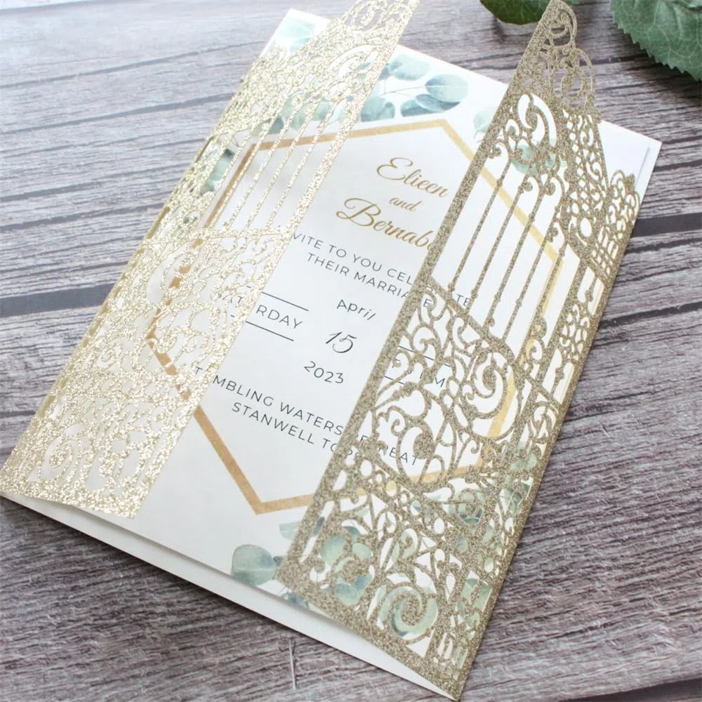 MillaSaw Partecipazioni matrimonio d'oro scintillante Gate Laser Design Per Matrimoni Fidanzamento Sirena 25 Set (oro glitterato)